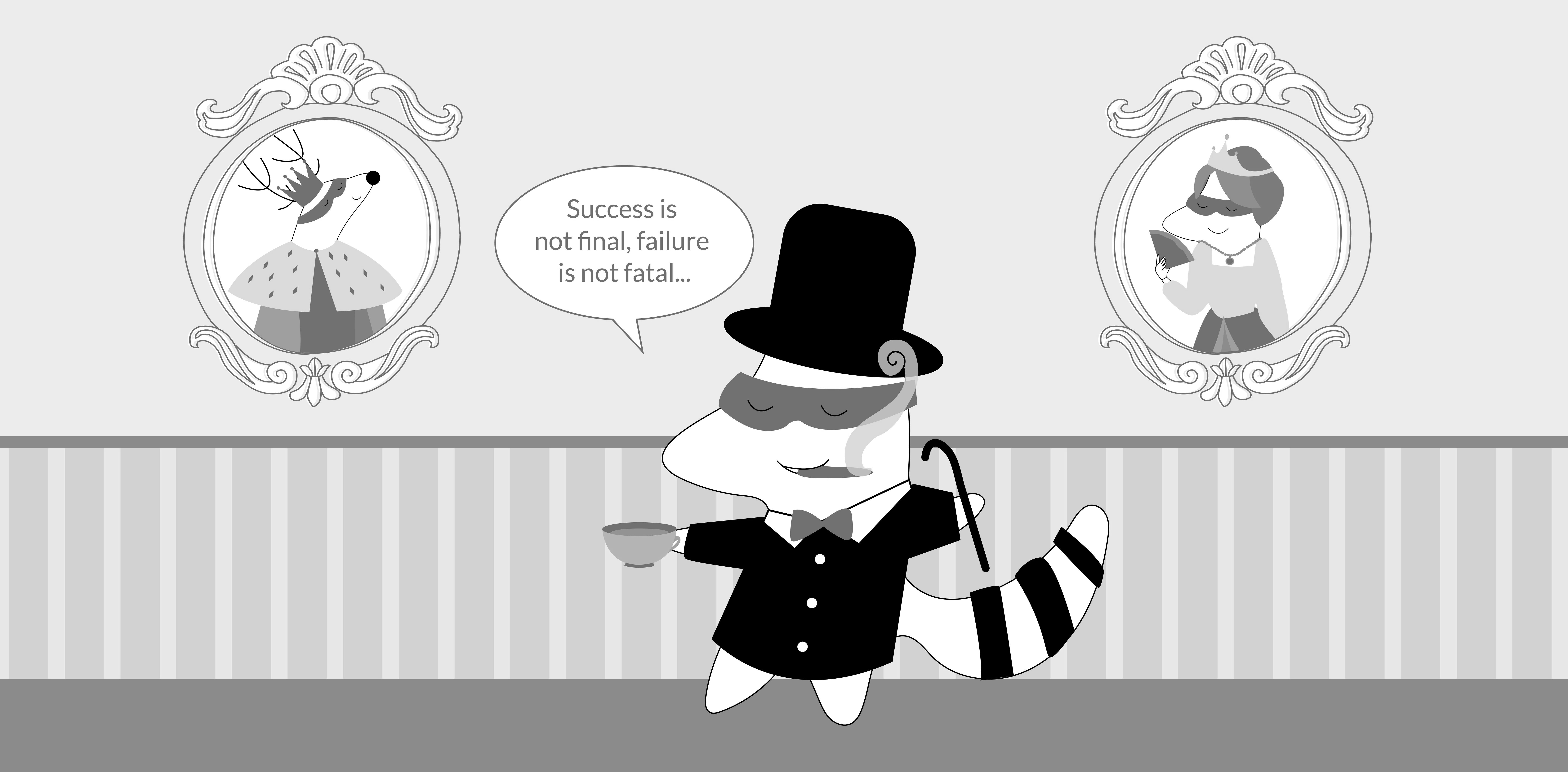 Iggy dressed as Winston Churchill, saying “Success is not final, failure is not fatal…”