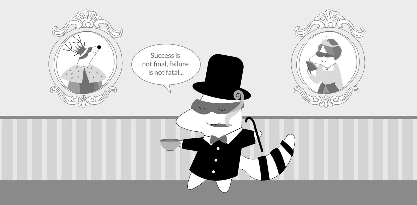 Iggy dressed as Winston Churchill, saying “Success is not final, failure is not fatal…”