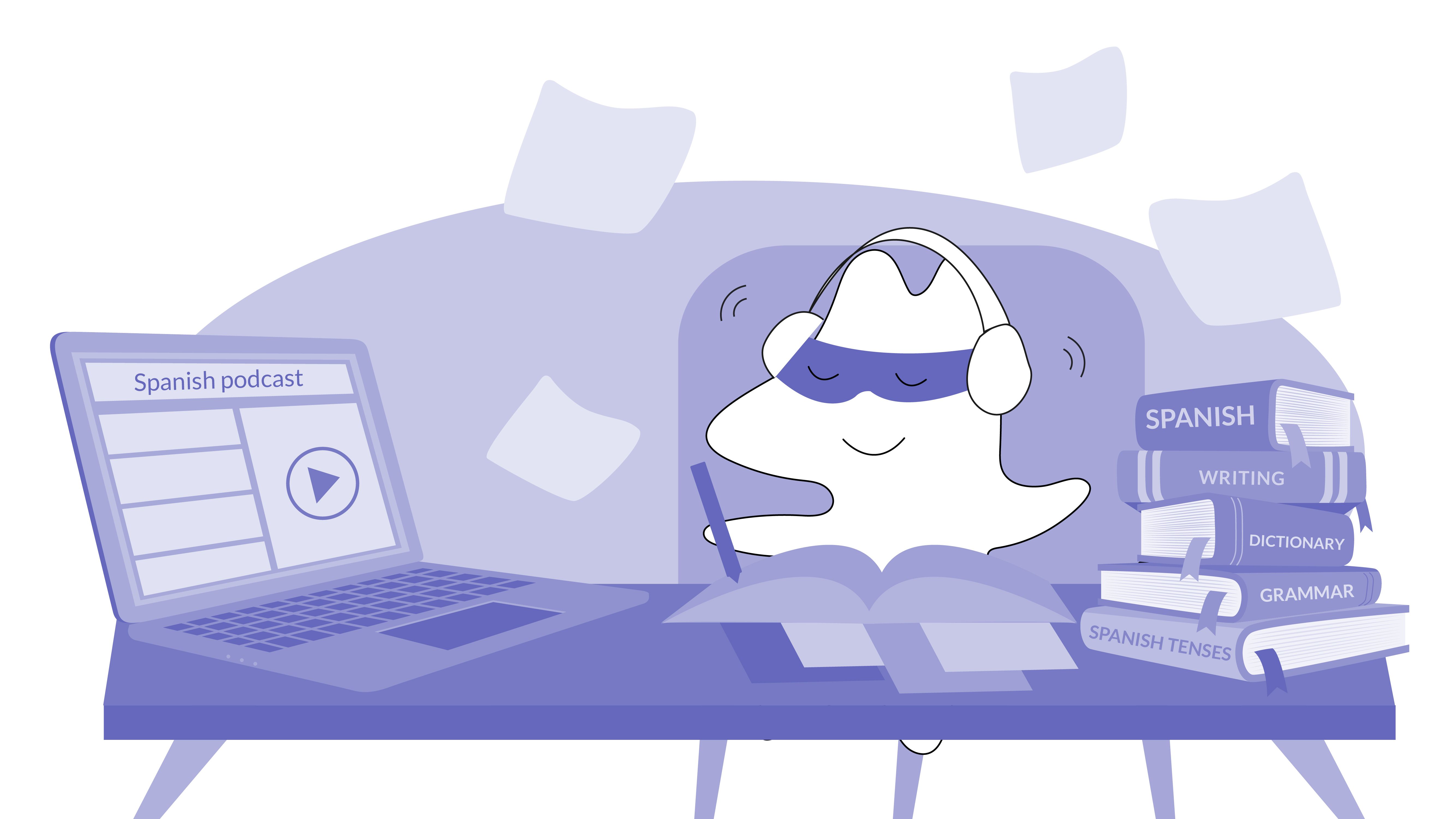 Iggy sits in front of her laptop, listens to a Spanish podcast, taking notes, and checking unfamiliar words in the dictionary.