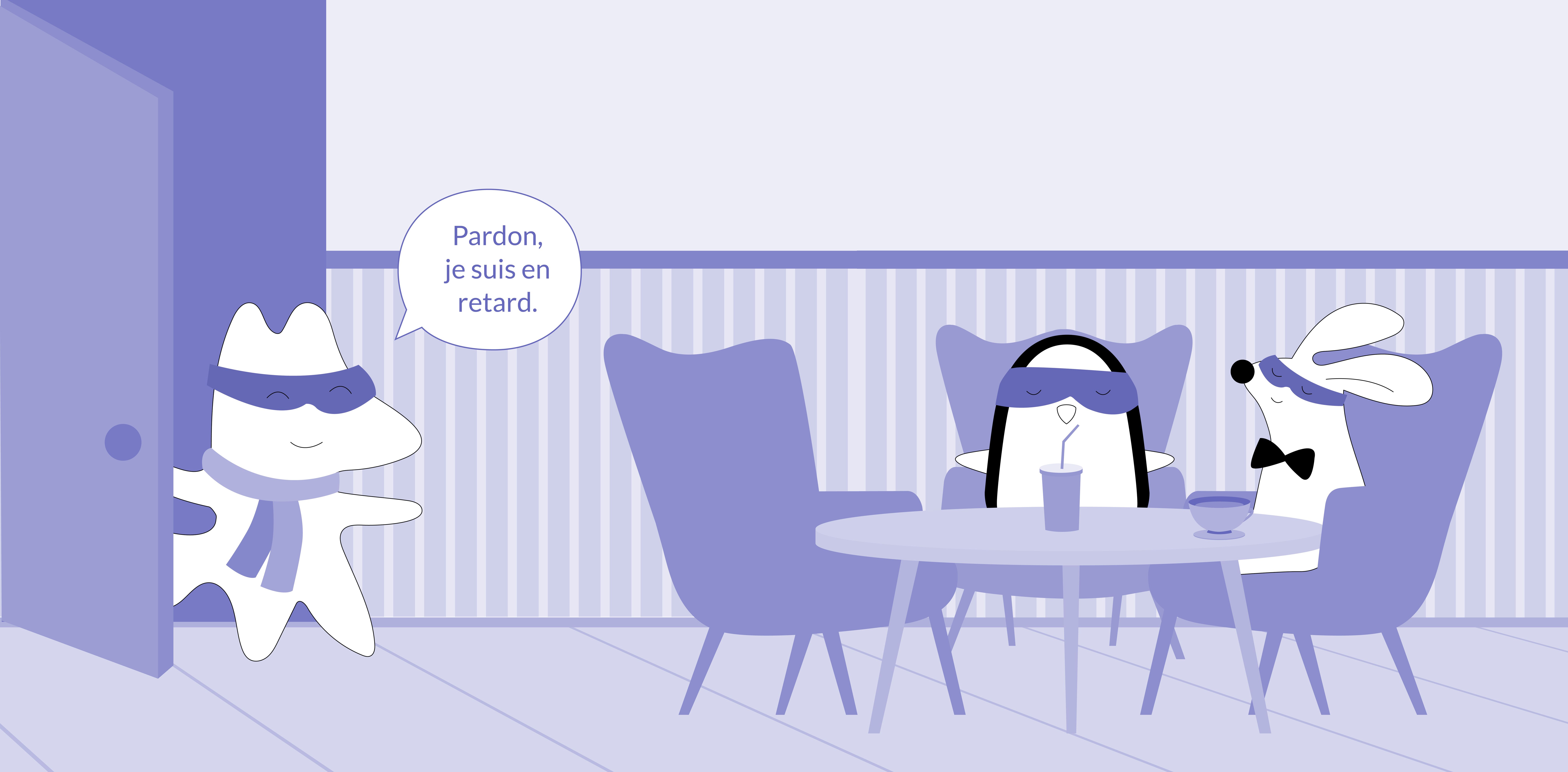 Soren and Iggy are meeting for a coffee. Soren’s already at the coffee shop, Iggy has just entered in, still in her winter coat, saying, “Pardon, je suis en retard.”