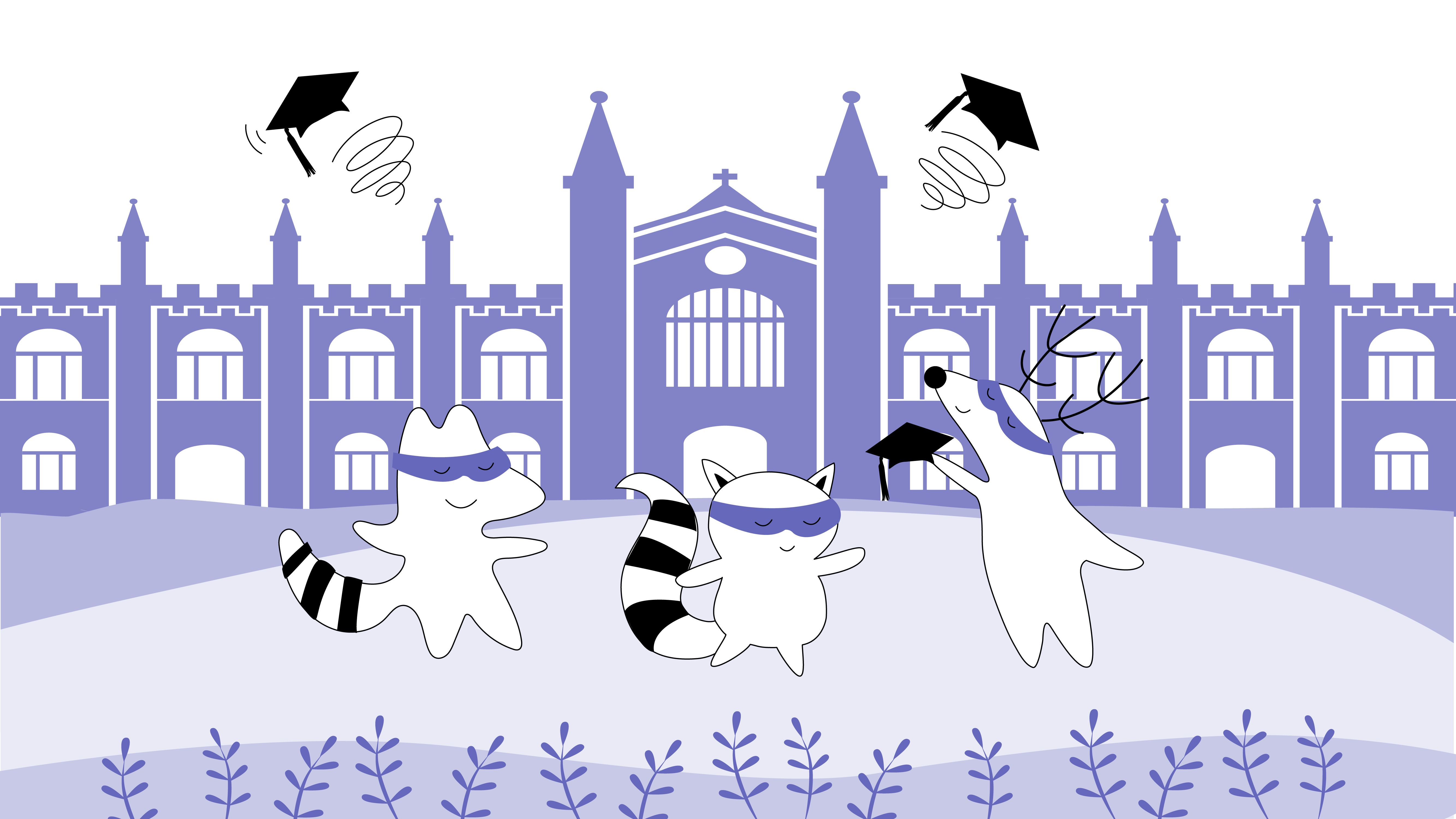 Soren, Benji and Iggy throwing hats in the air, as if graduating from university.