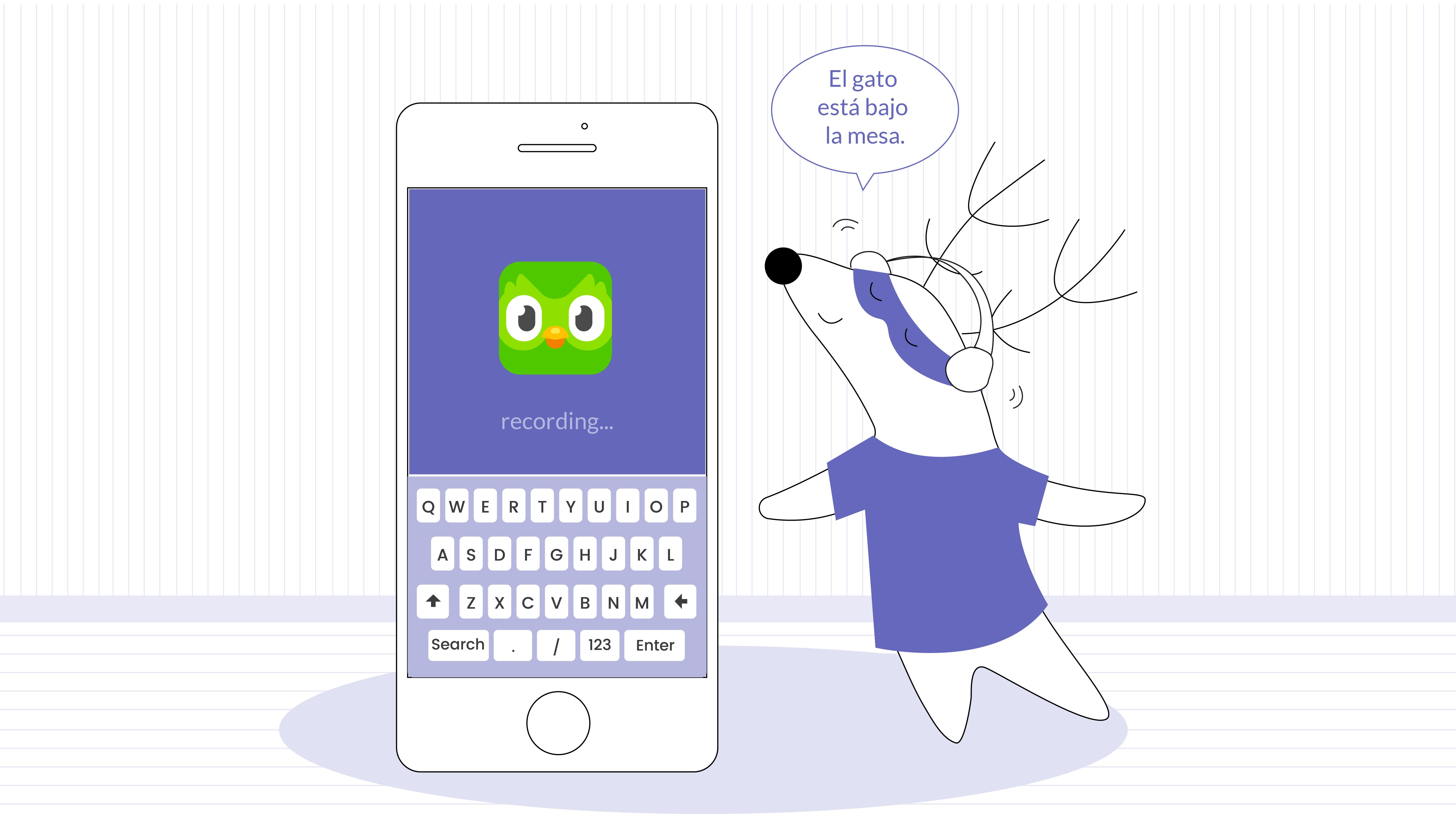 Soren uses Duolingo, recording audio while repeating,