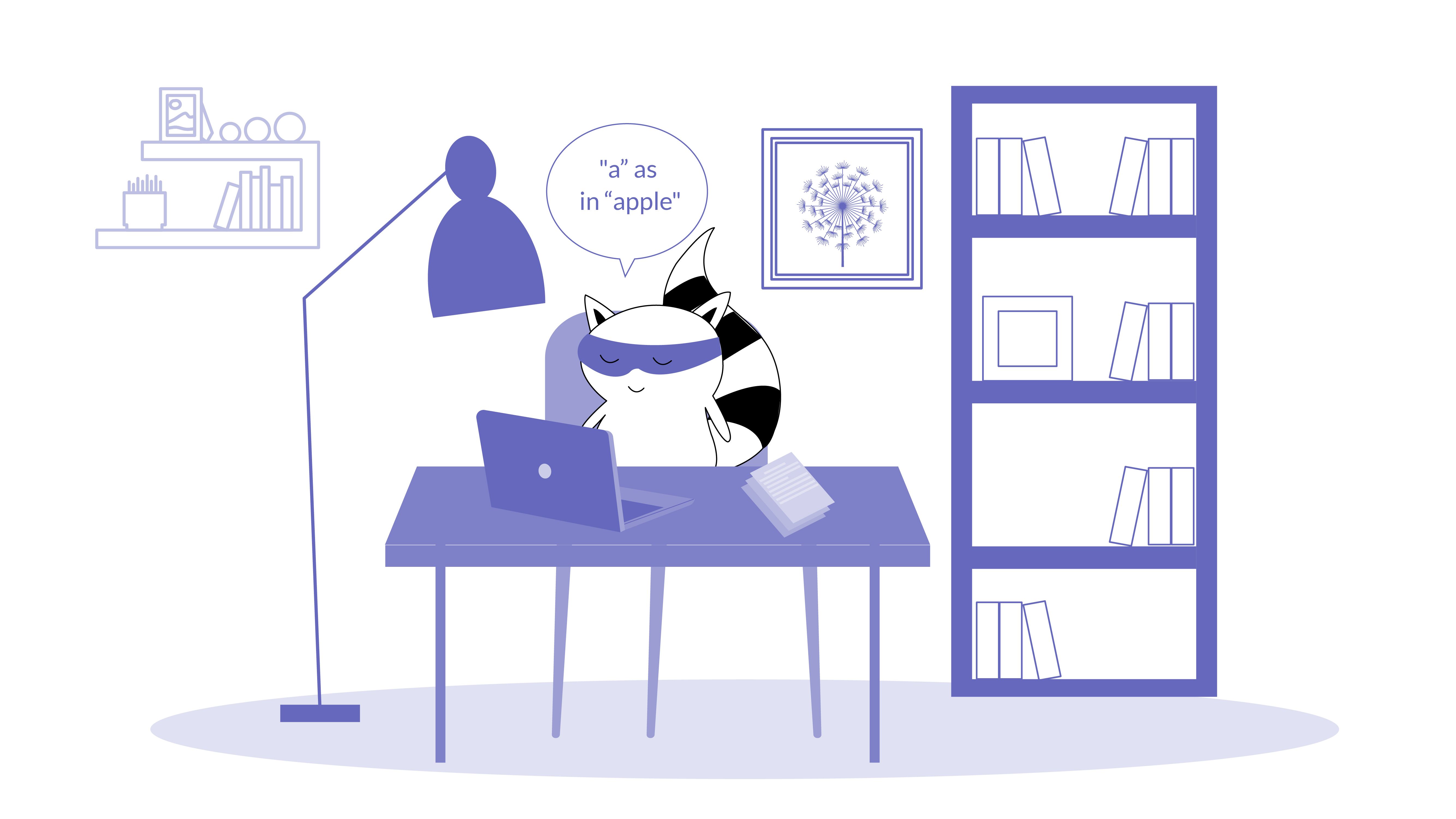 Benji sitting down at a desk, using a notebook to practice his vowels (maybe with a dialogue bubble above his head saying