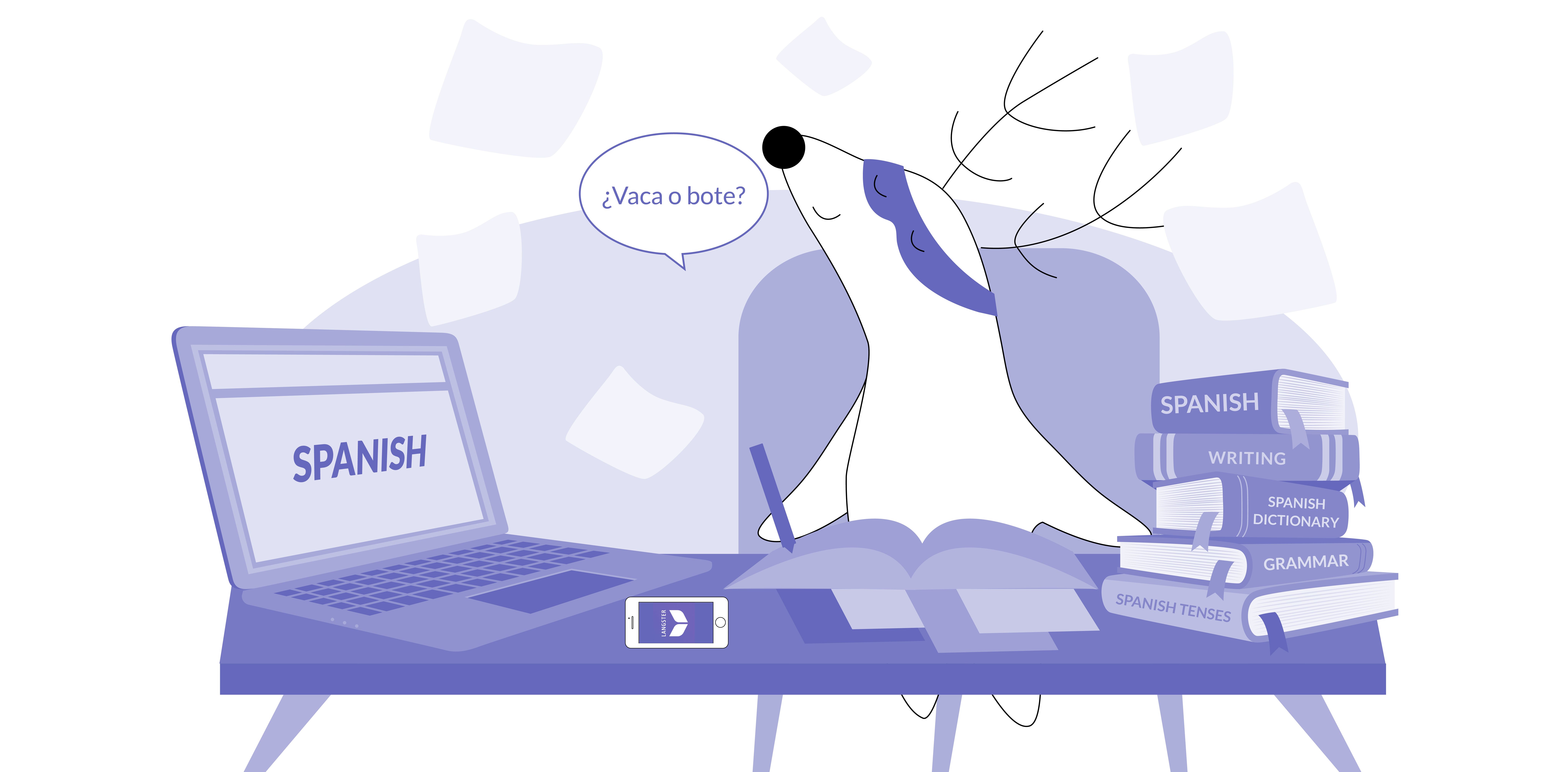 Soren is sitting at his desk studying with books, a smartphone, and a laptop, thinking, “¿Vaca o bote?”