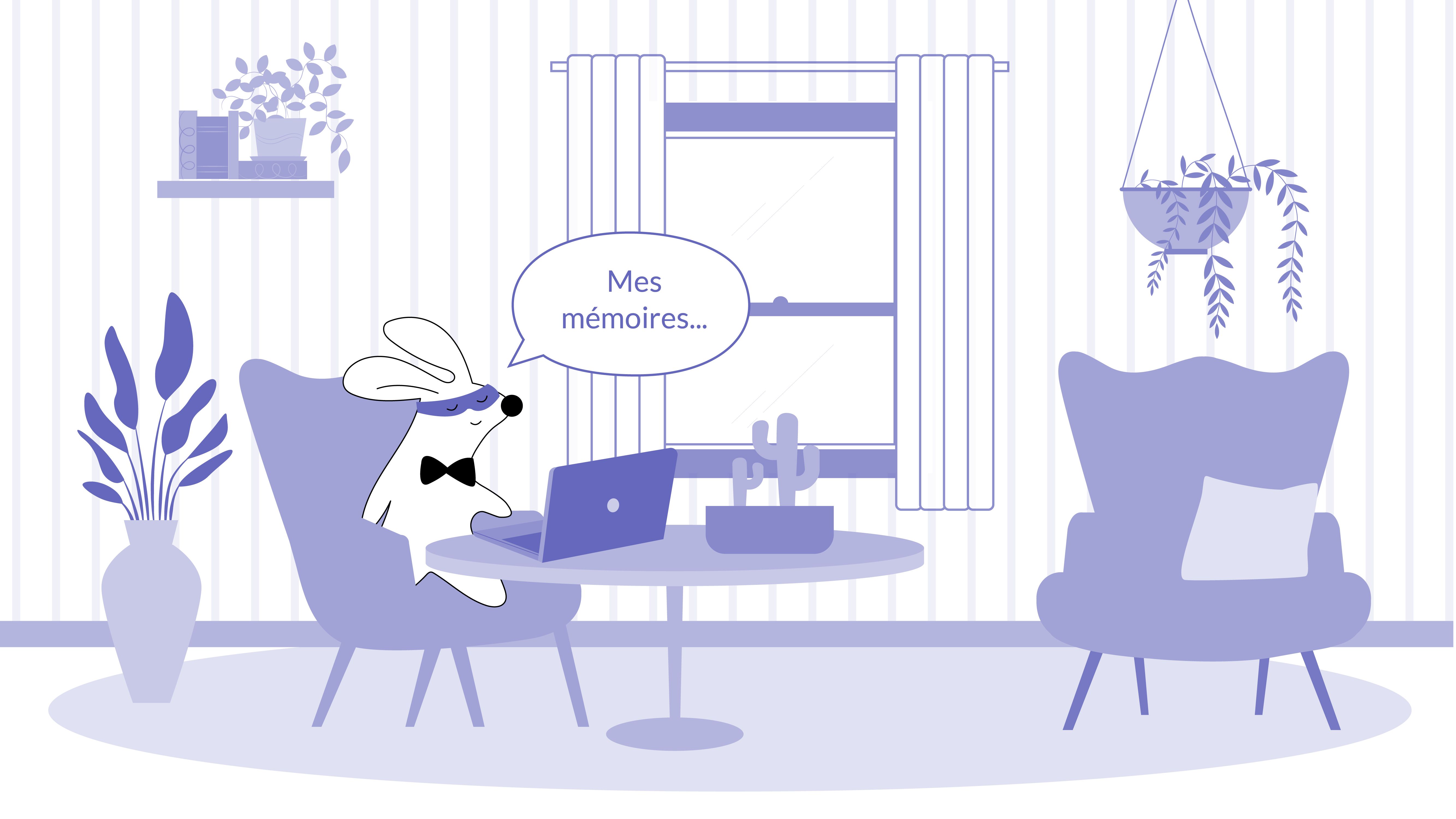 Mr. Rabbit writing a book called “Mes mémoires”.