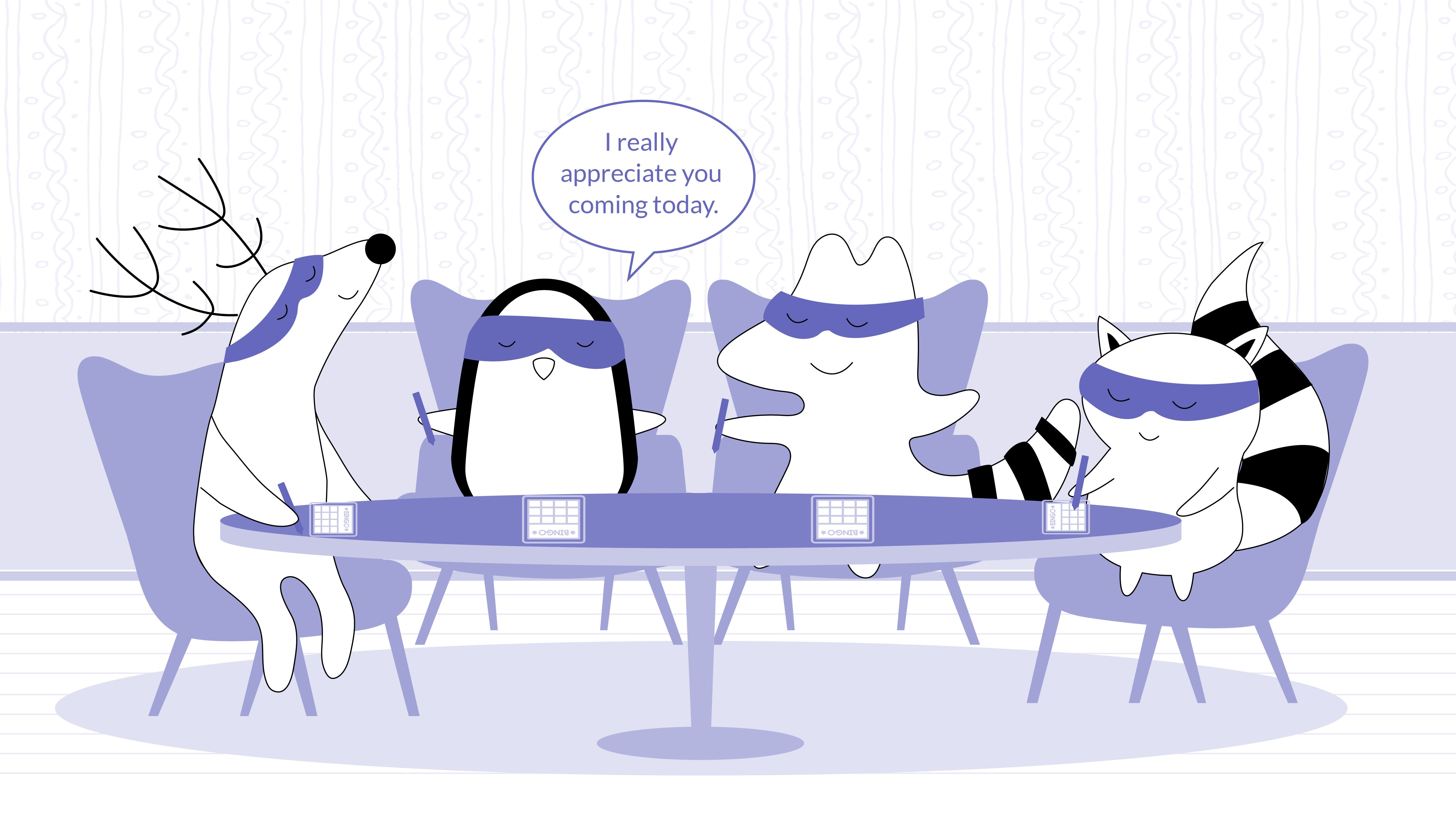 Soren, Iggy, Pocky, and Benji play a cardboard game. Pocky says, “I really appreciate you coming today.”