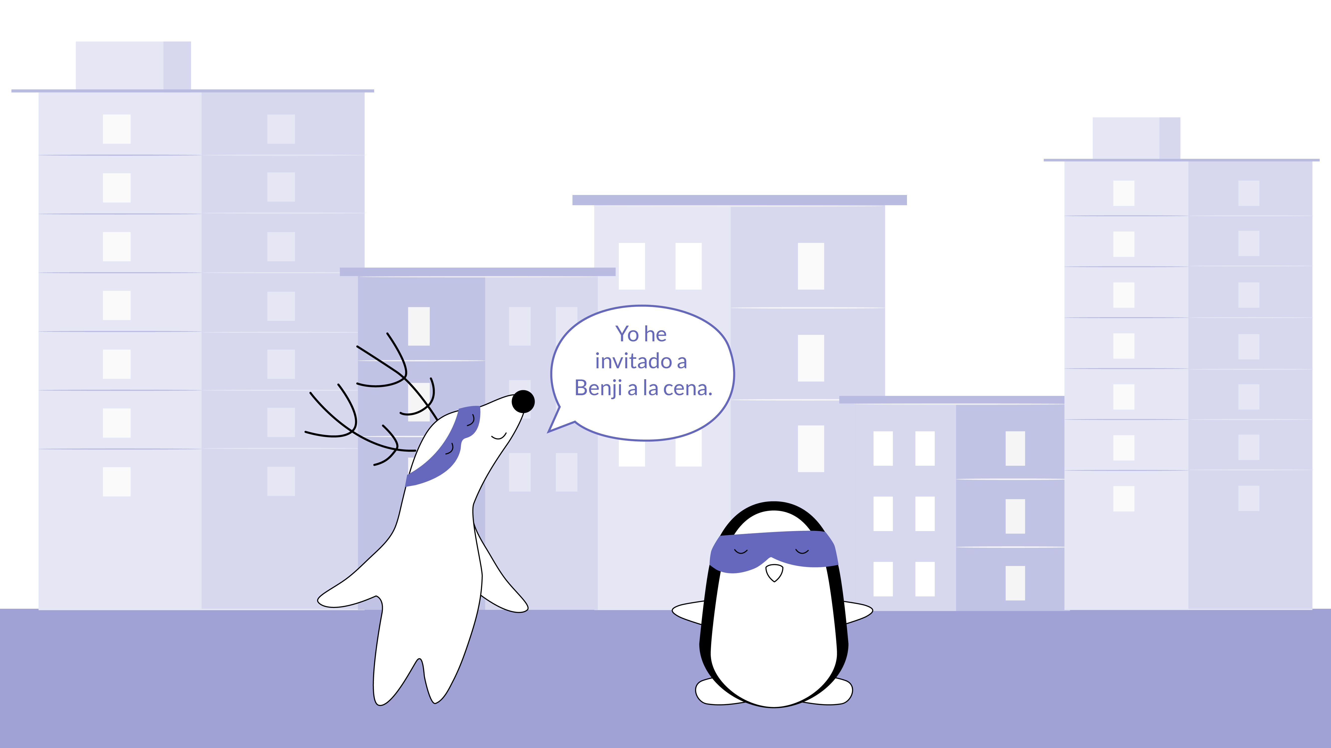 Soren is talking to Pocky on the street, saying, “Yo he invitado a Benji a la cena.”