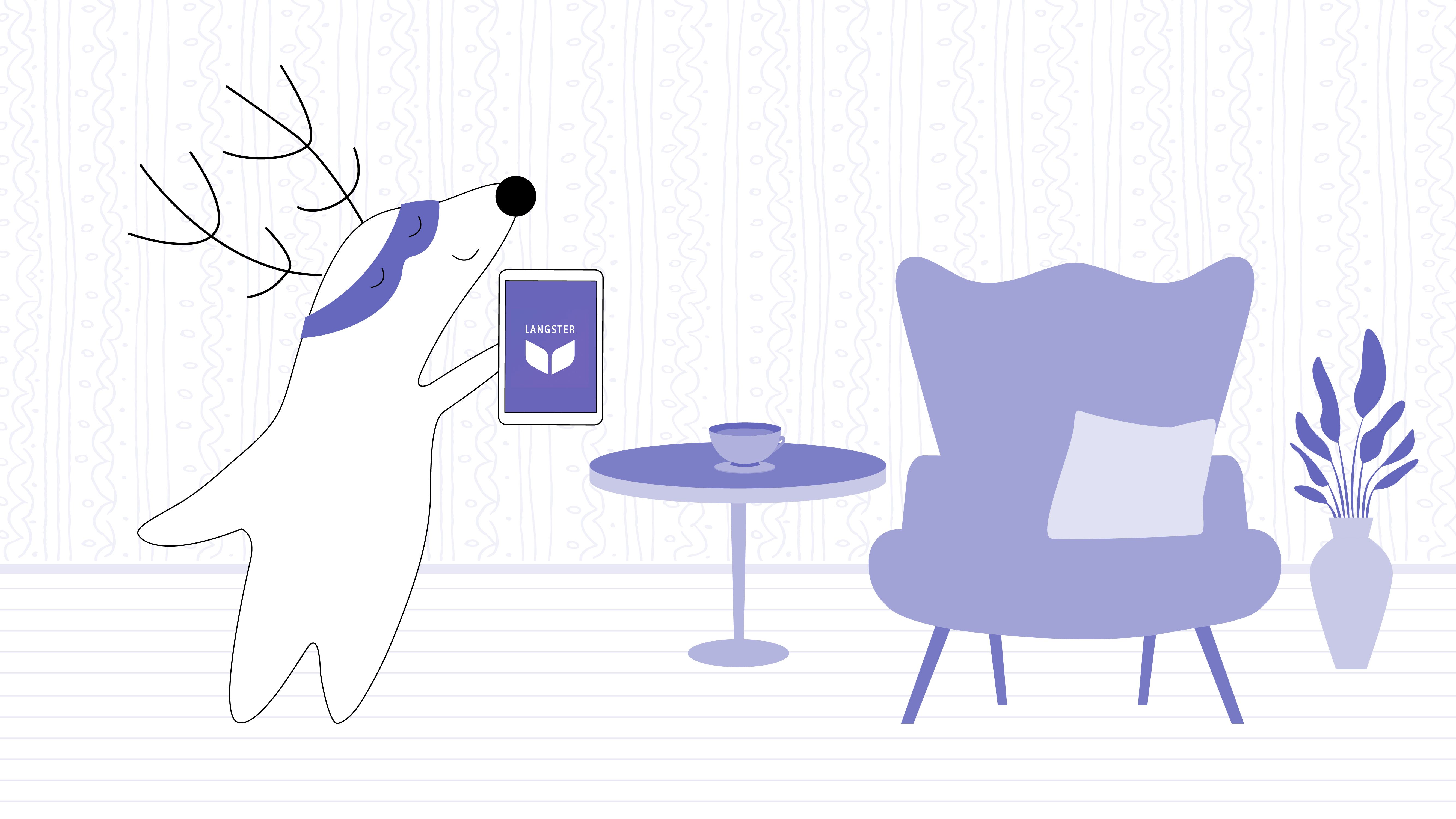 Soren holds a tablet in his hand with the Langster app installed on it.