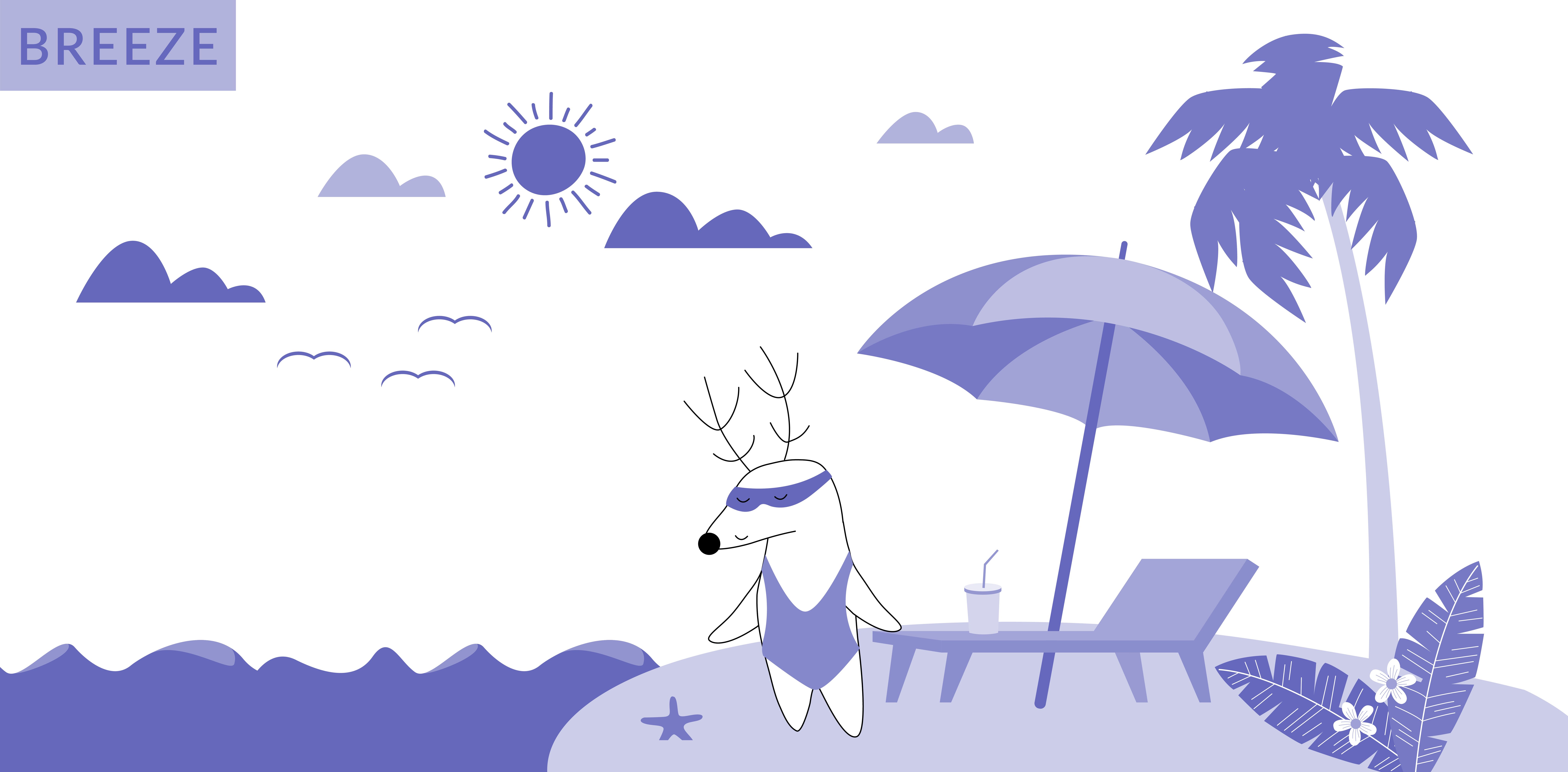 Soren’s at the beach, looking at the waves. In the upper right corner is the word “BREEZE.”