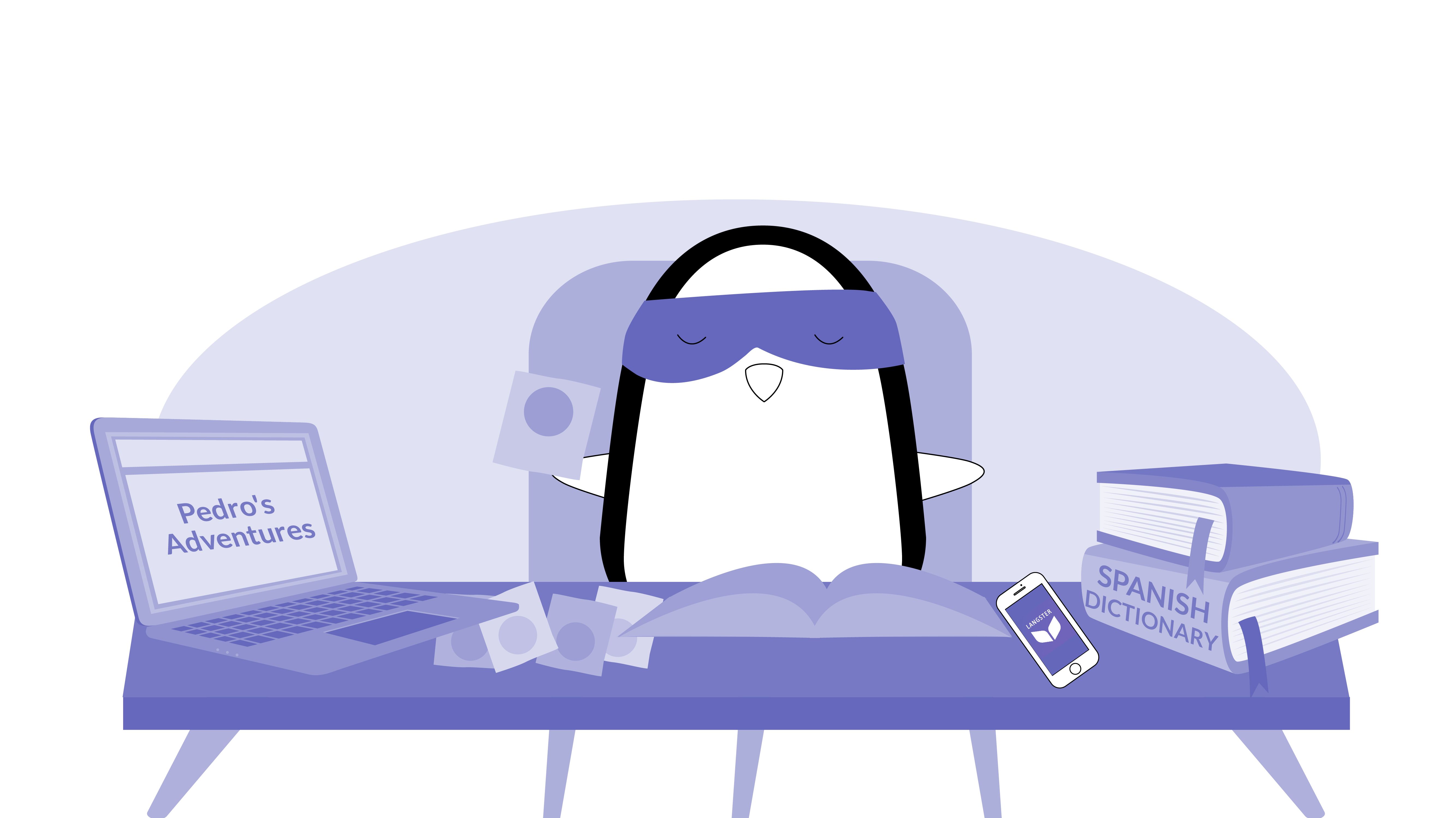 Pocky studying with a dictionary, flashcards, a laptop featuring games, the Langster app on his smartphone, and a notebook.