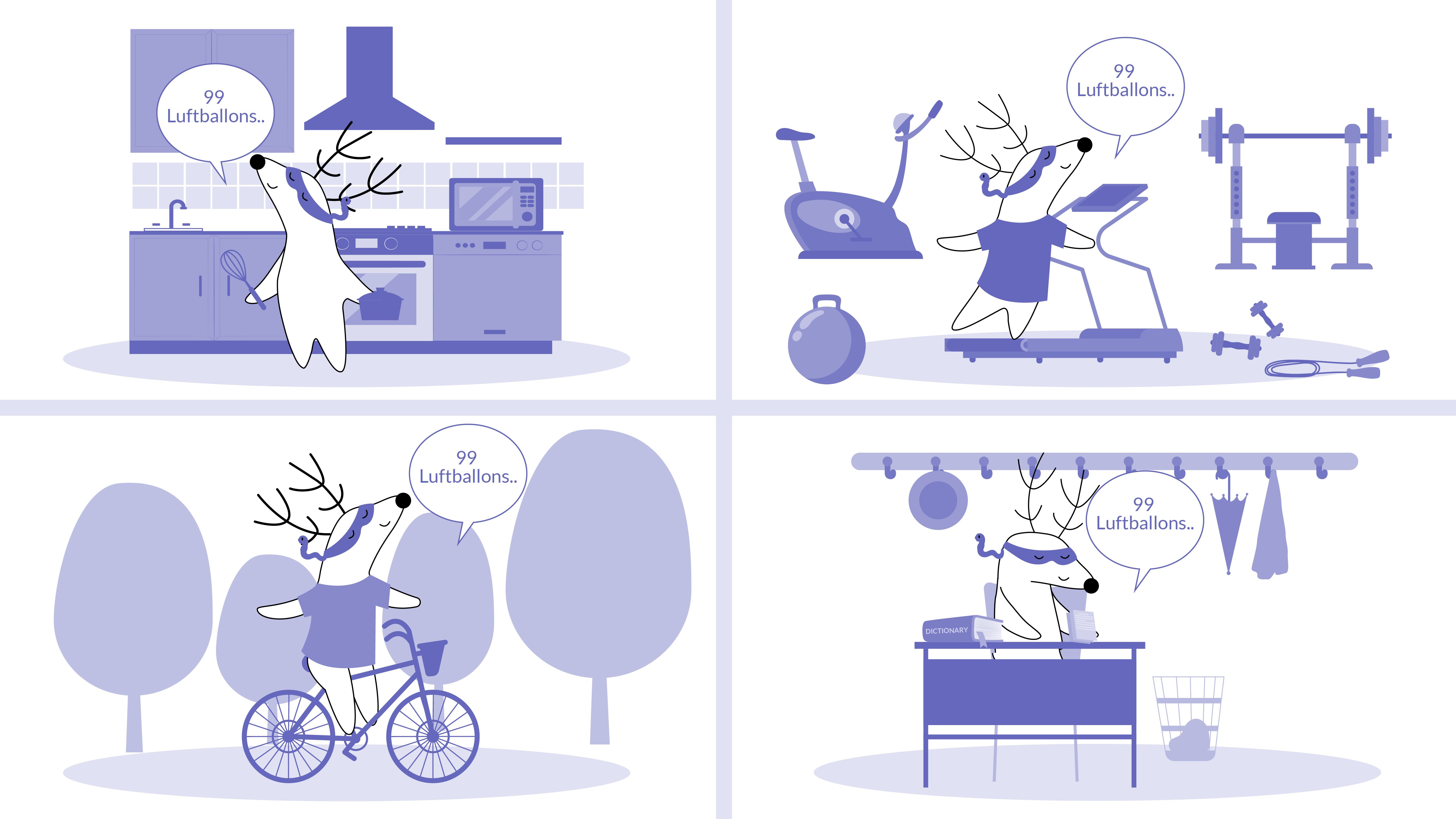 A collage of four images: Soren in four different places (gym, classroom, kitchen, park), humming the same song throughout the whole day. There is a little worm looking out from his ear on each image.