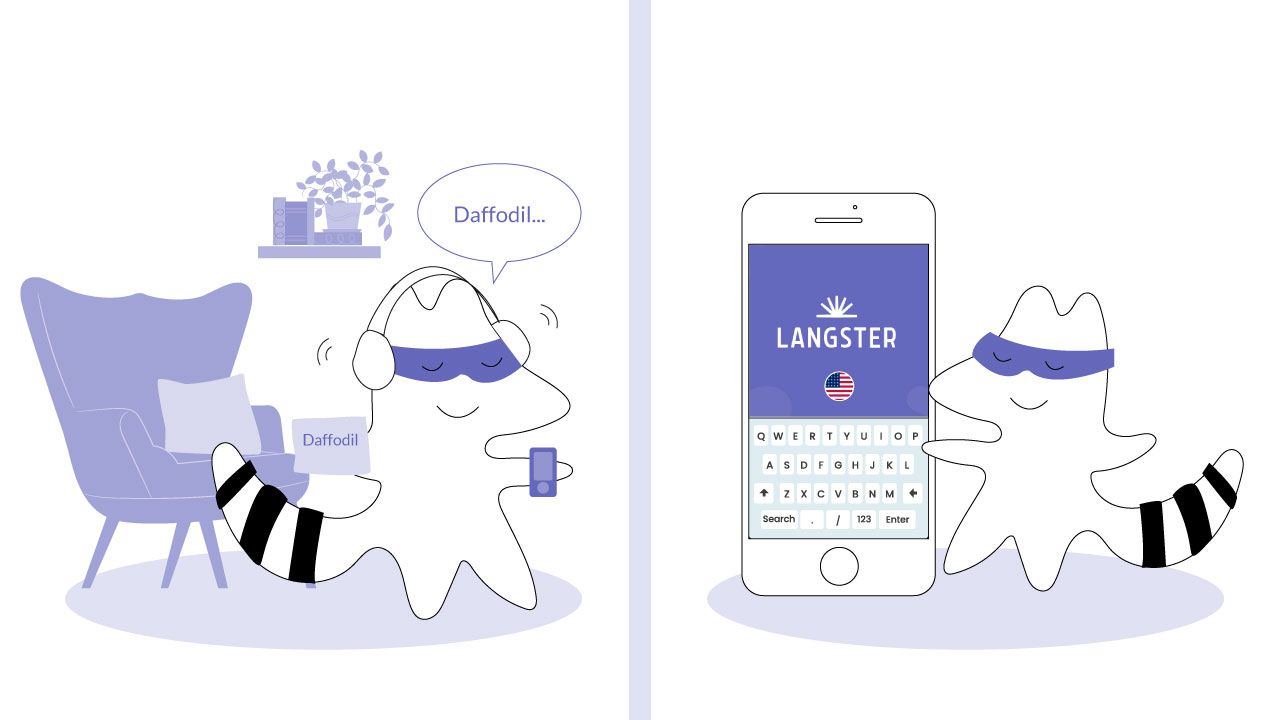 A character using a language learning app