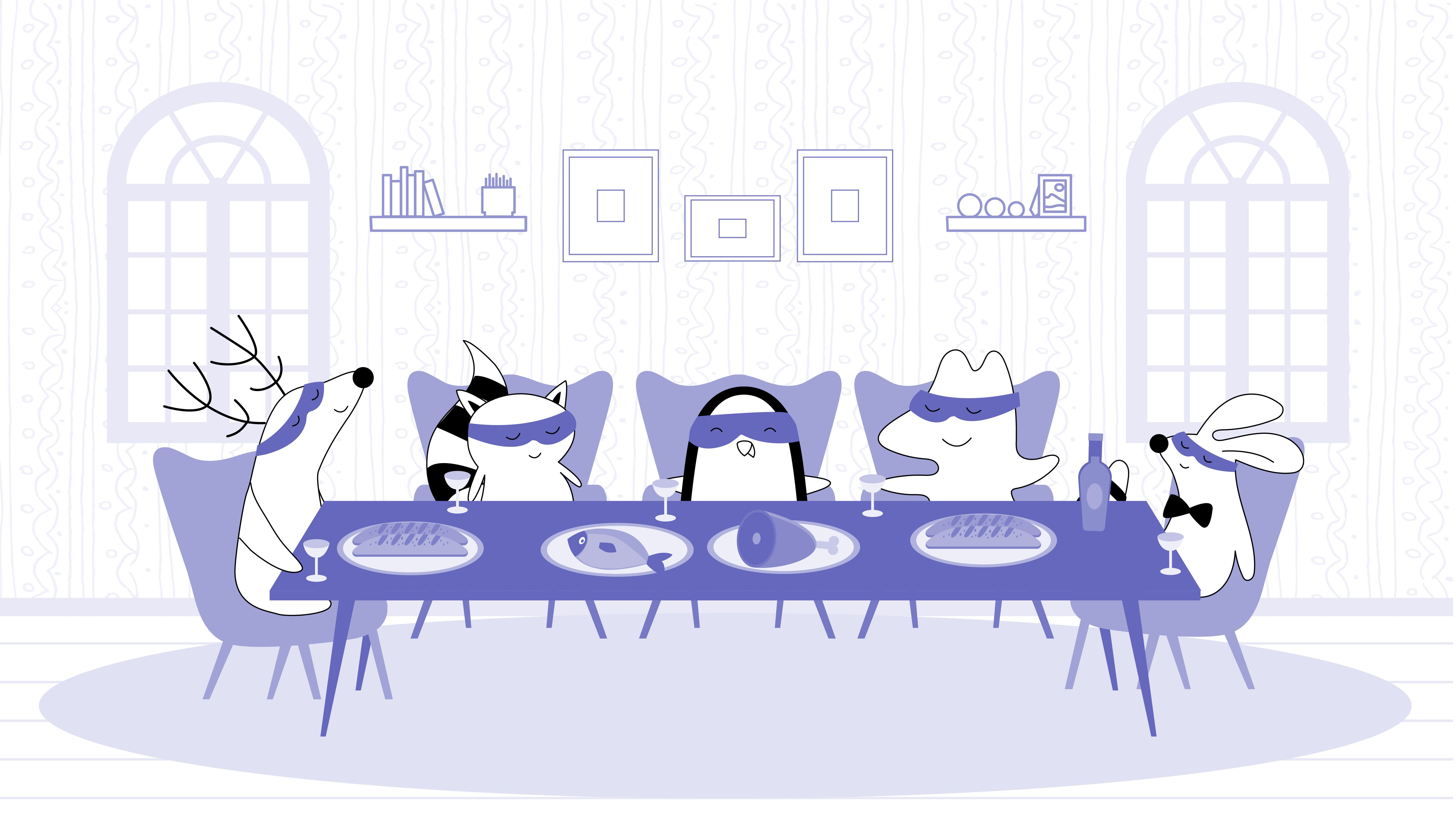 Characters sitting in front of the table, with full glasses in front of them, politely talking.