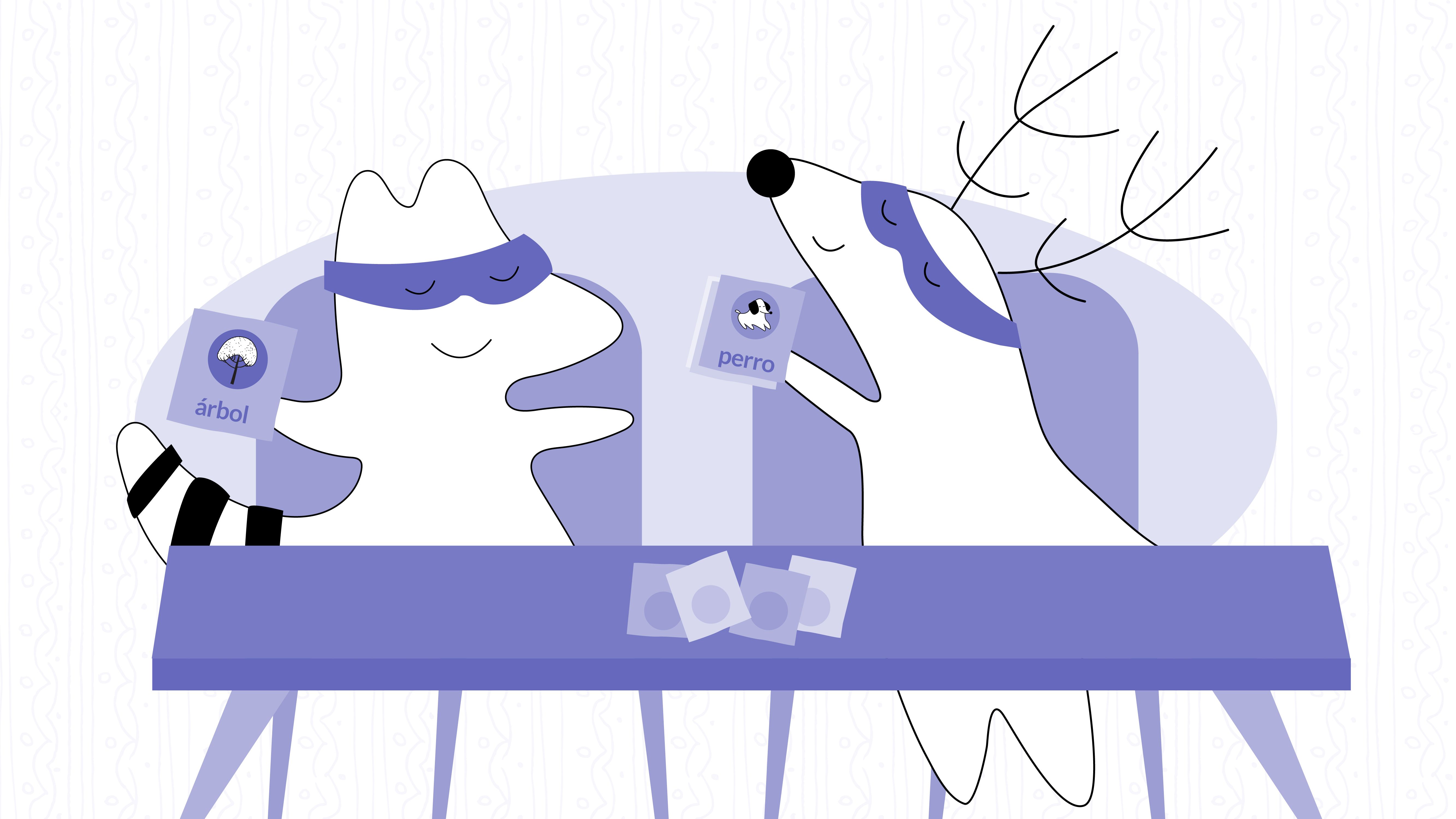 Soren is sitting down at a desk, studying while crafting flashcards with drawings for perro (dog) and árbol (tree).