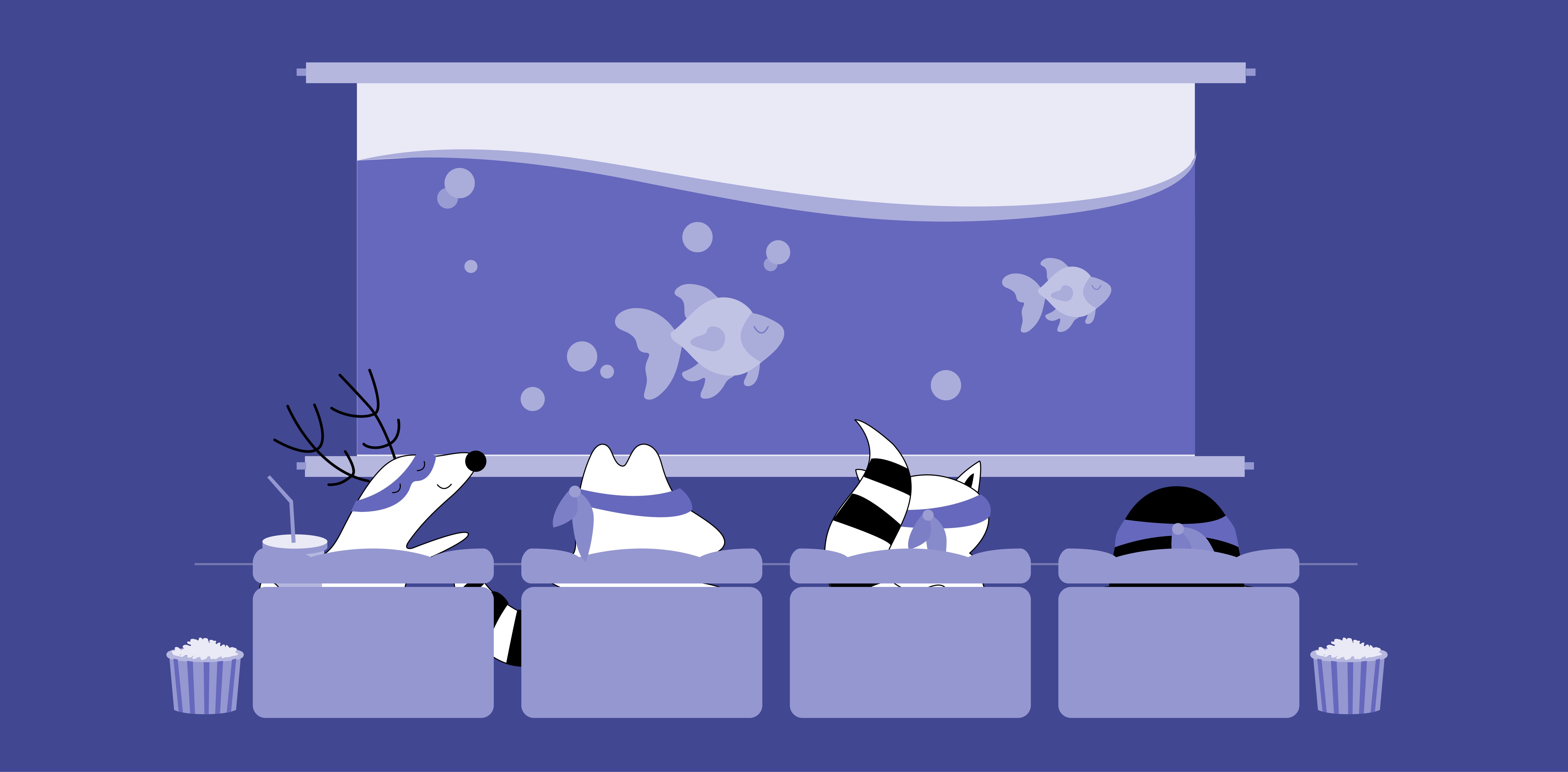 Iggy, Pocky and Benji at the cinema watching a movie and eating popcorn.