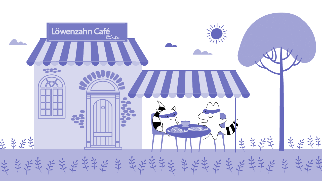 midday, characters are eating out in the restaurants, on the tables in the street