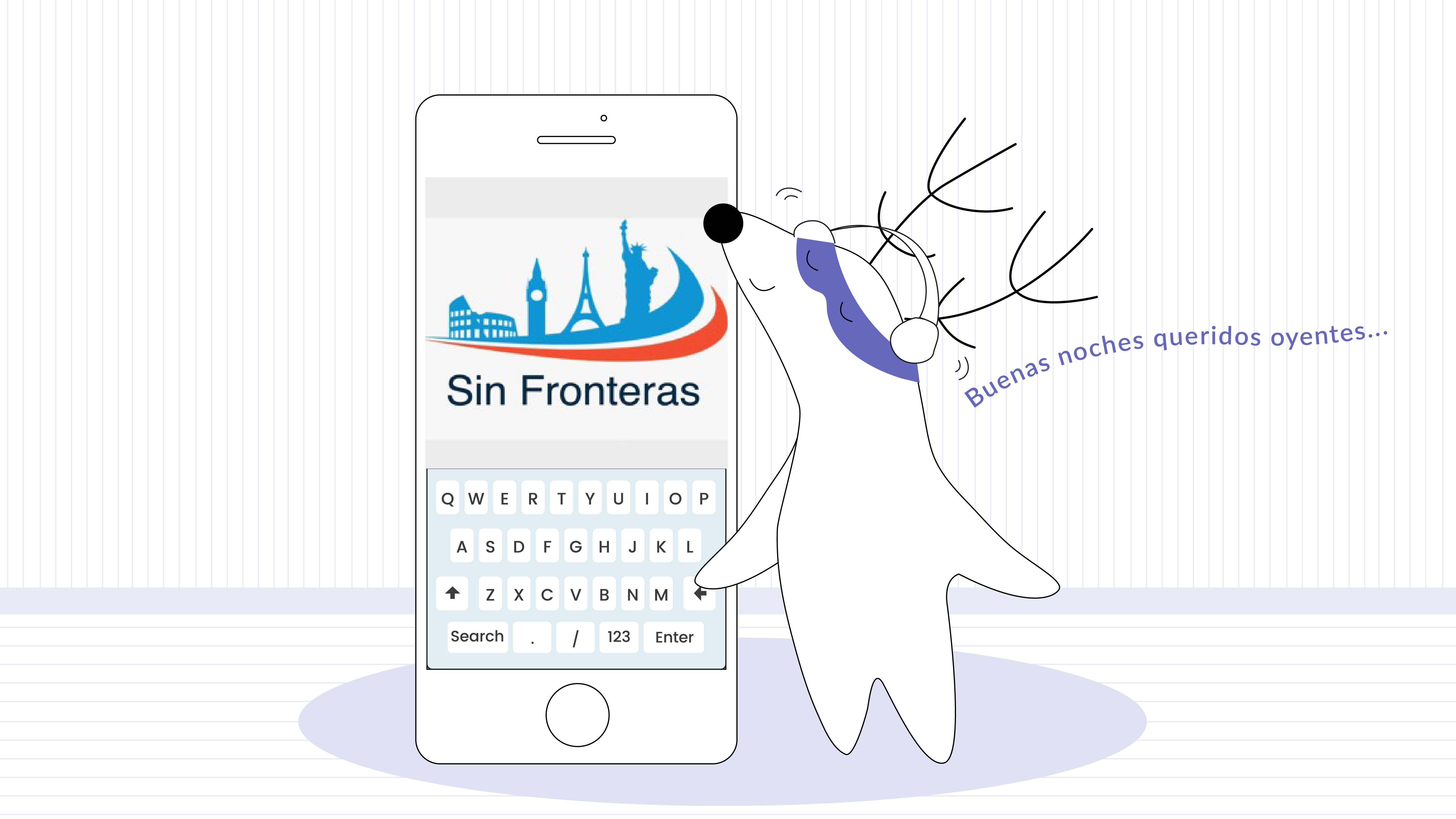 Soren listening to Sin Fronteras podcast using his smartphone and a headset.