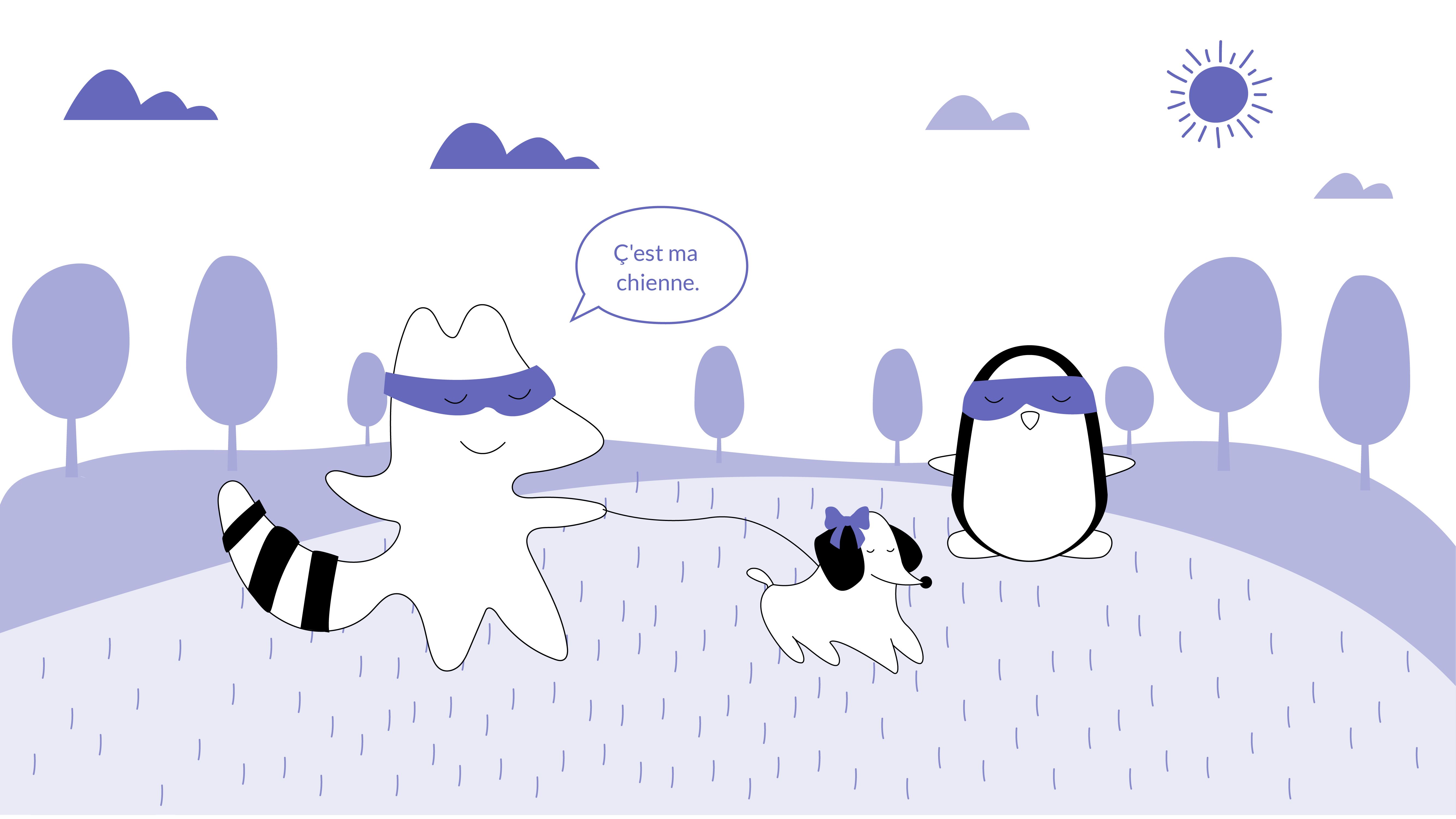 Soren introducing his dog to Benji, saying “Ç'est ma chienne.” The dog has a bow on her head, signifying that she is female.