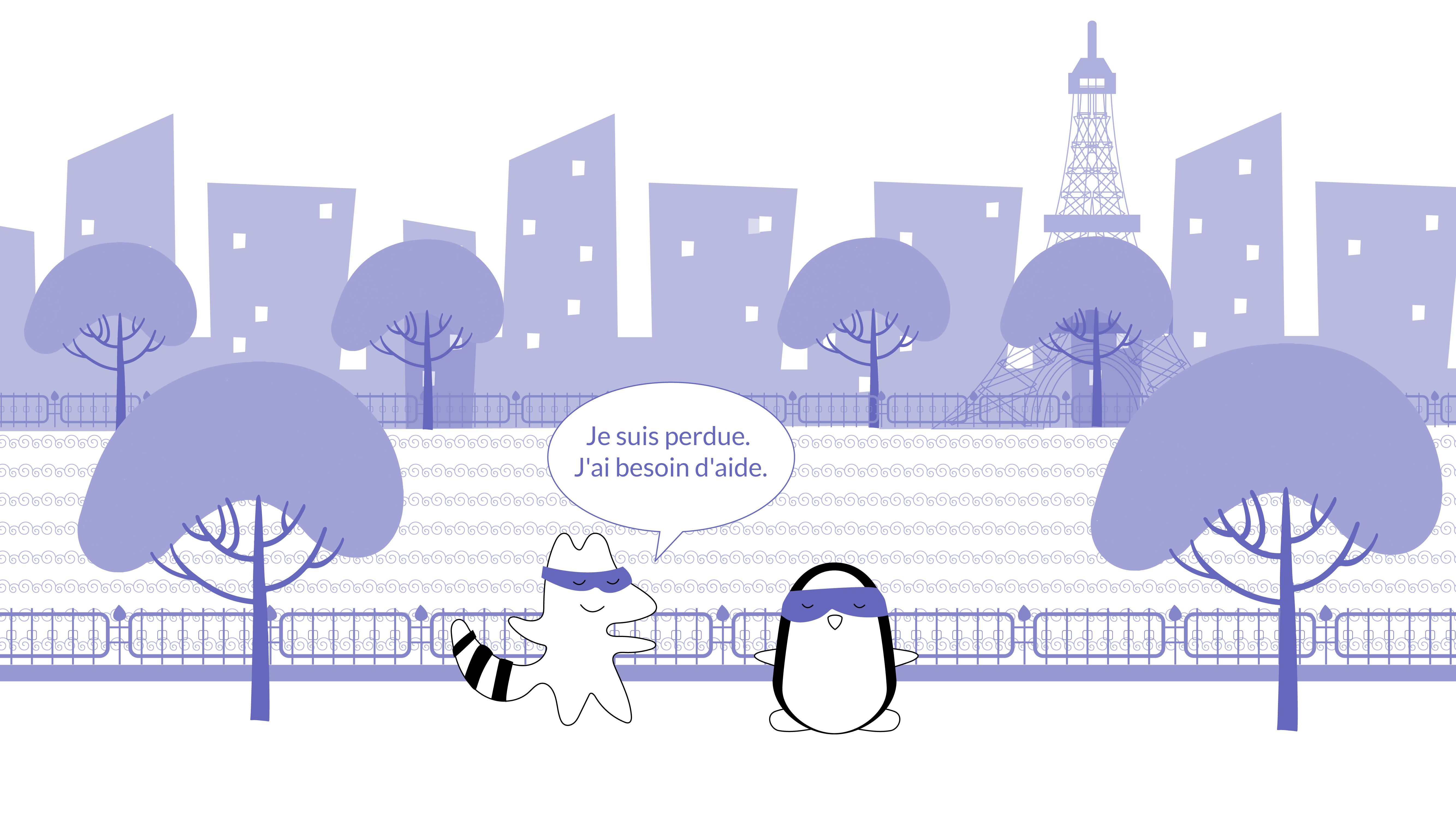 Iggy looks lost on a typical Parisian street. She comes to Pocky, saying, “Je suis perdue. J'ai besoin d'aide.”