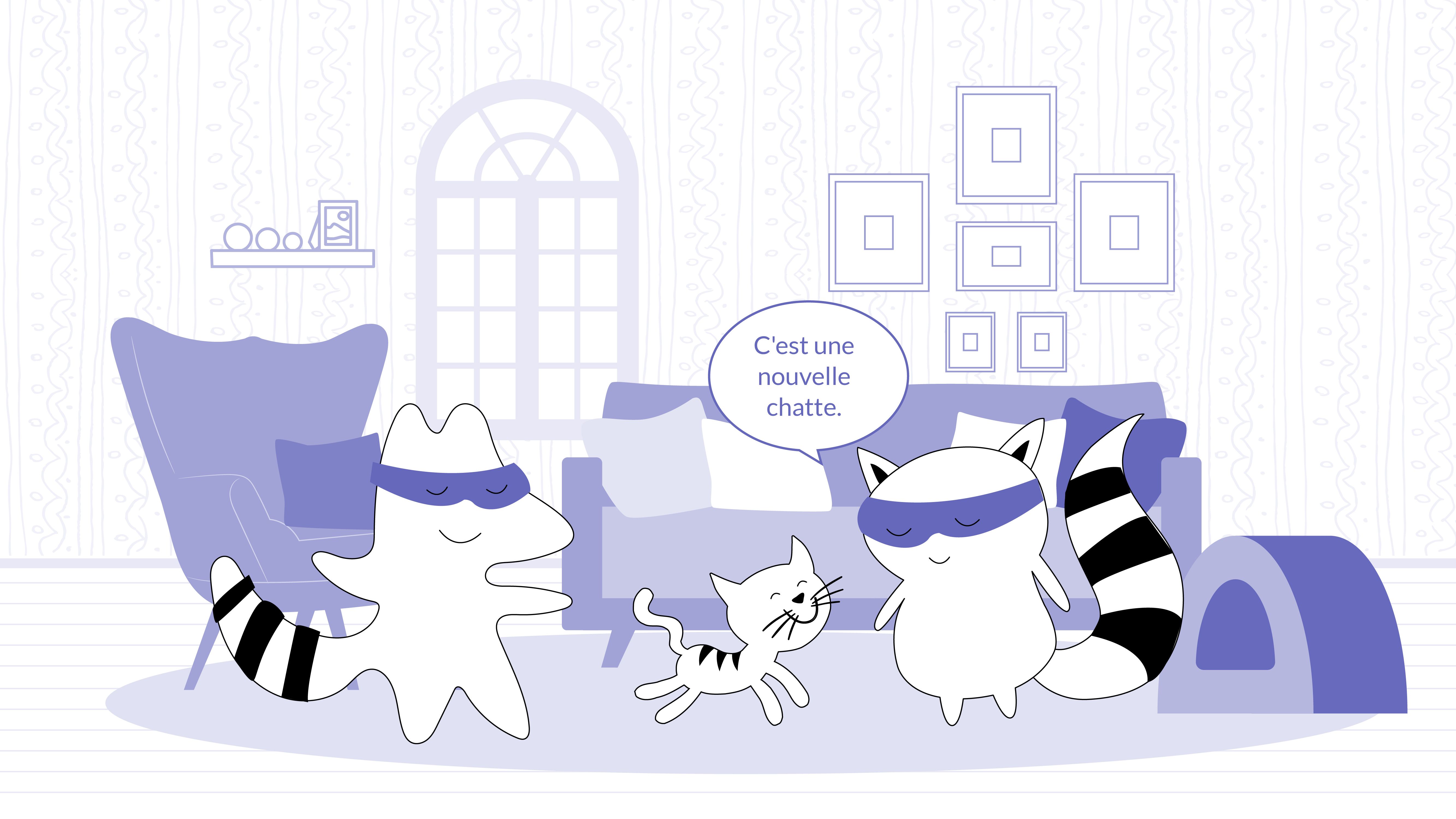 Pocky shows his cute kitten to others, introducing her, saying, “C'est une nouvelle chatte.”