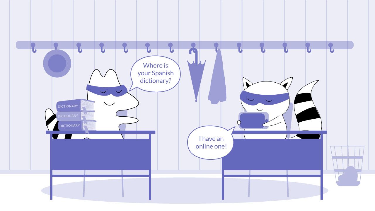 Character saying he uses a Spanish dictionary online