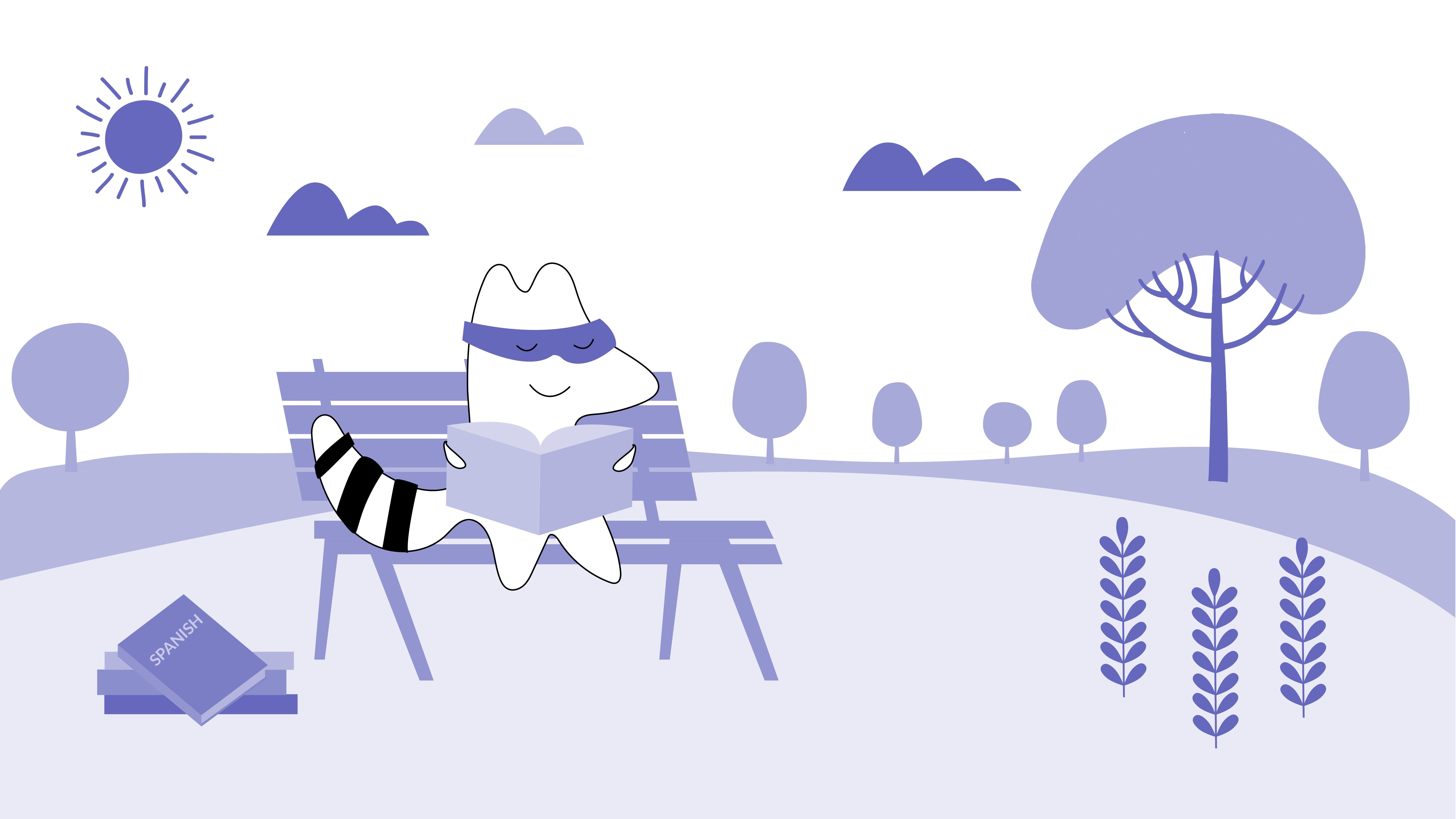 Iggy sits down in a park with a Spanish textbook in his hands, studying.