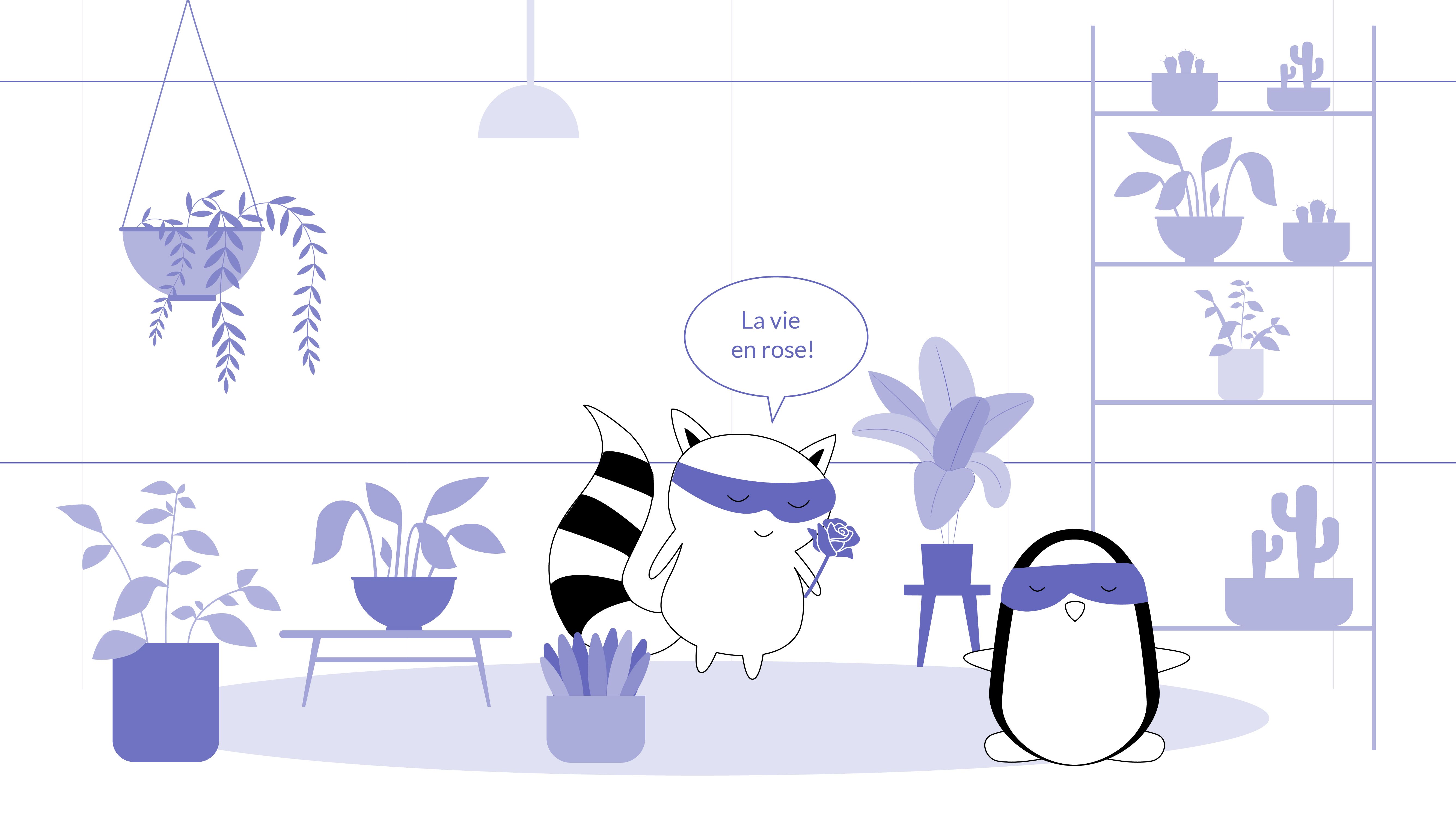 Benji and pocky at a flower shop. Benji holds up roses in front of his eyes and says