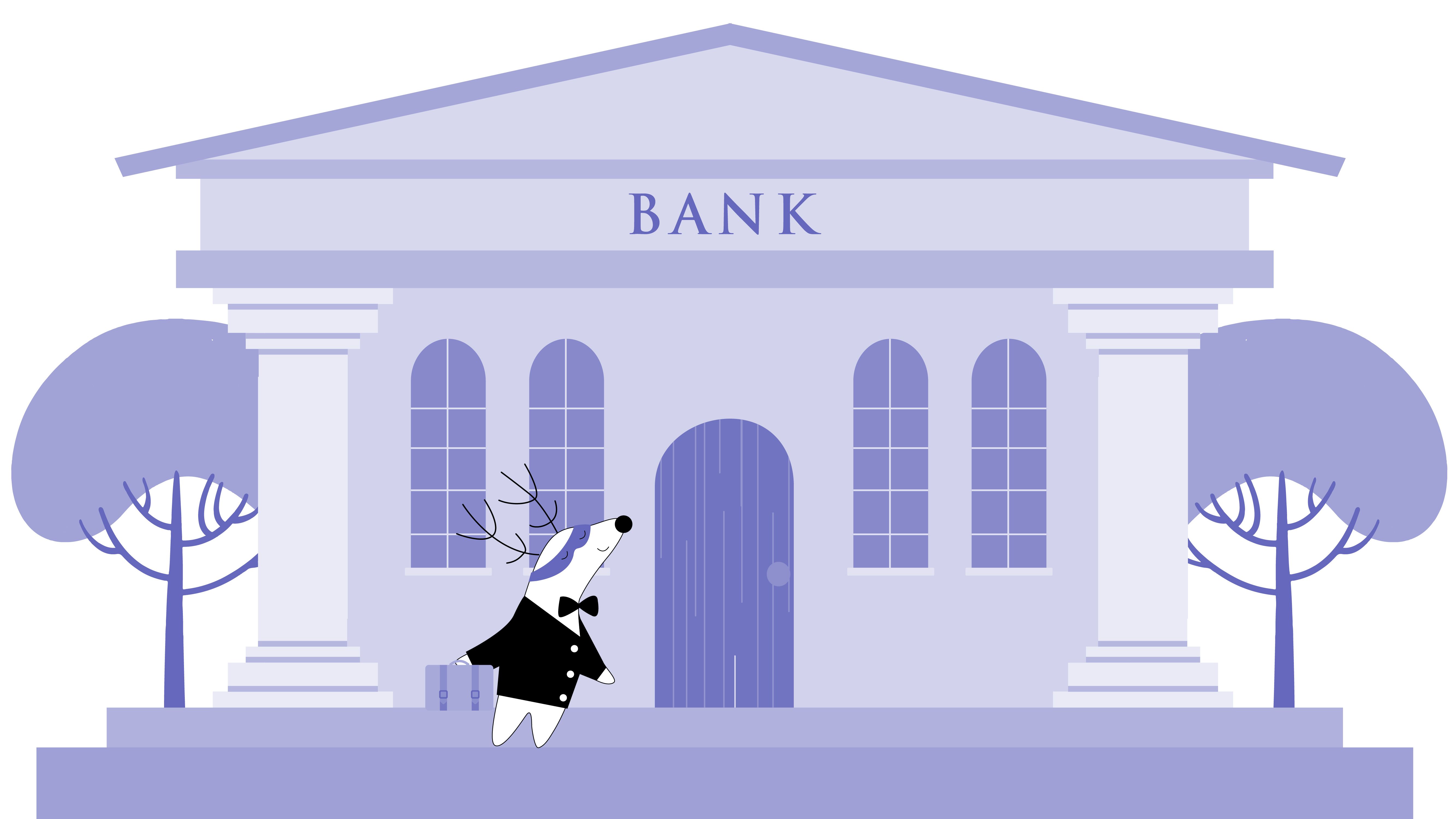 Iggy in front of a bank, about to enter with a suitcase in hand.