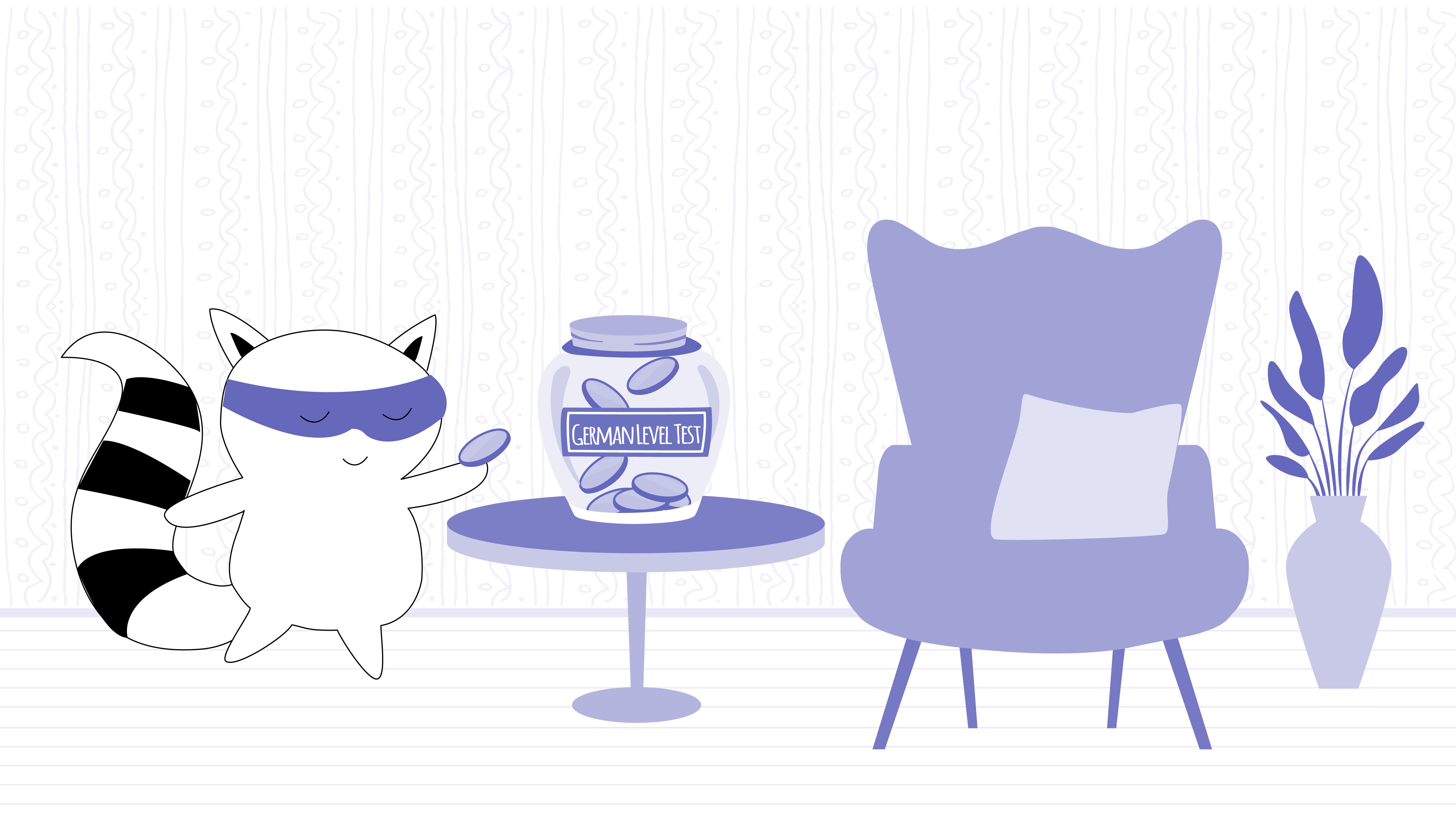 Benji drops a penny into a jar with a “German Level Test” sticker on it.