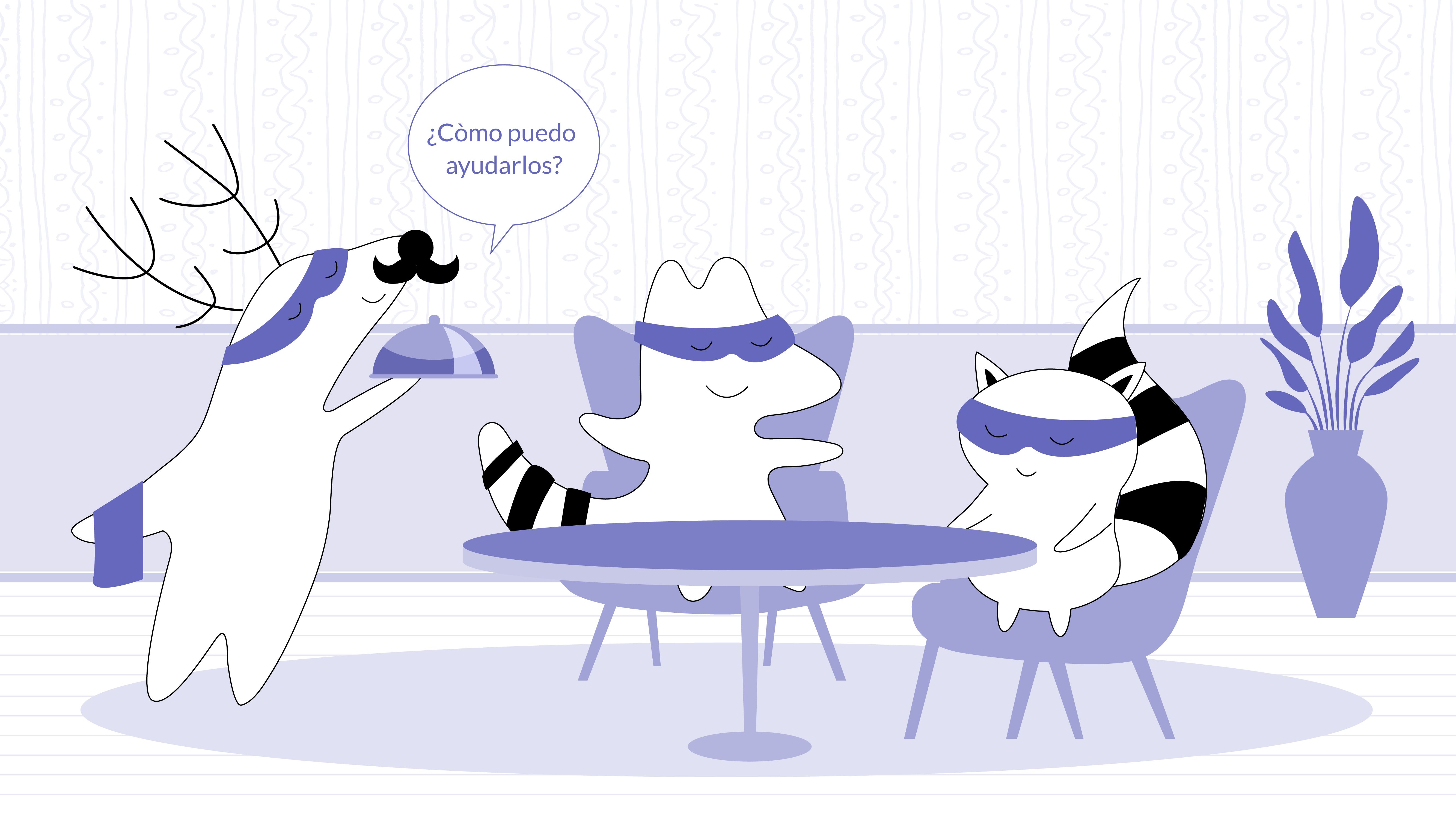 Iggy and Soren sitting at the restaurant. Pocky appears, dressed as a waiter and asks “¿còmo puedo ayudarlos?”