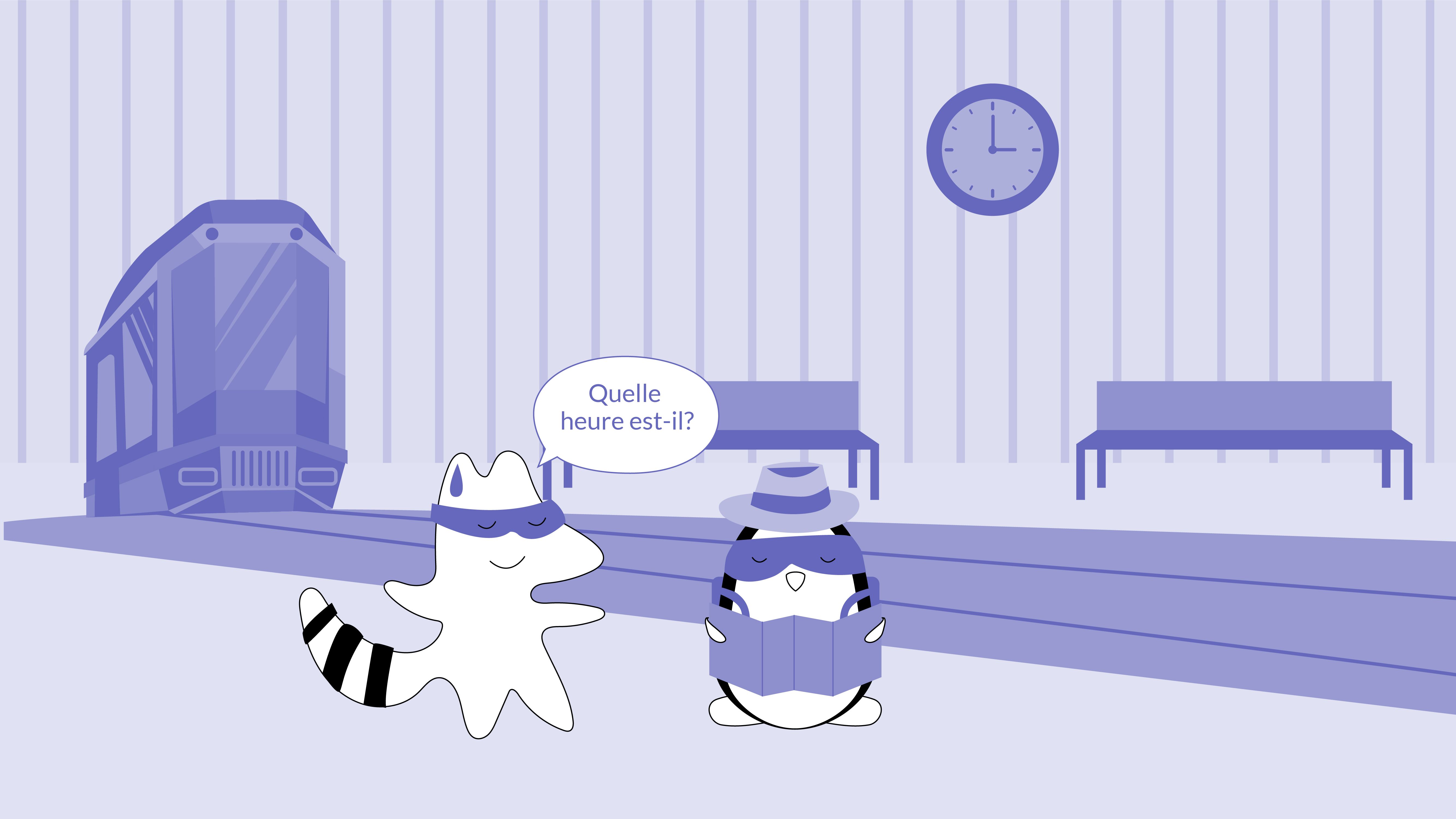 Iggy asks Pocky, “Quelle heure est-il?” looking at the huge train schedule at the train station.