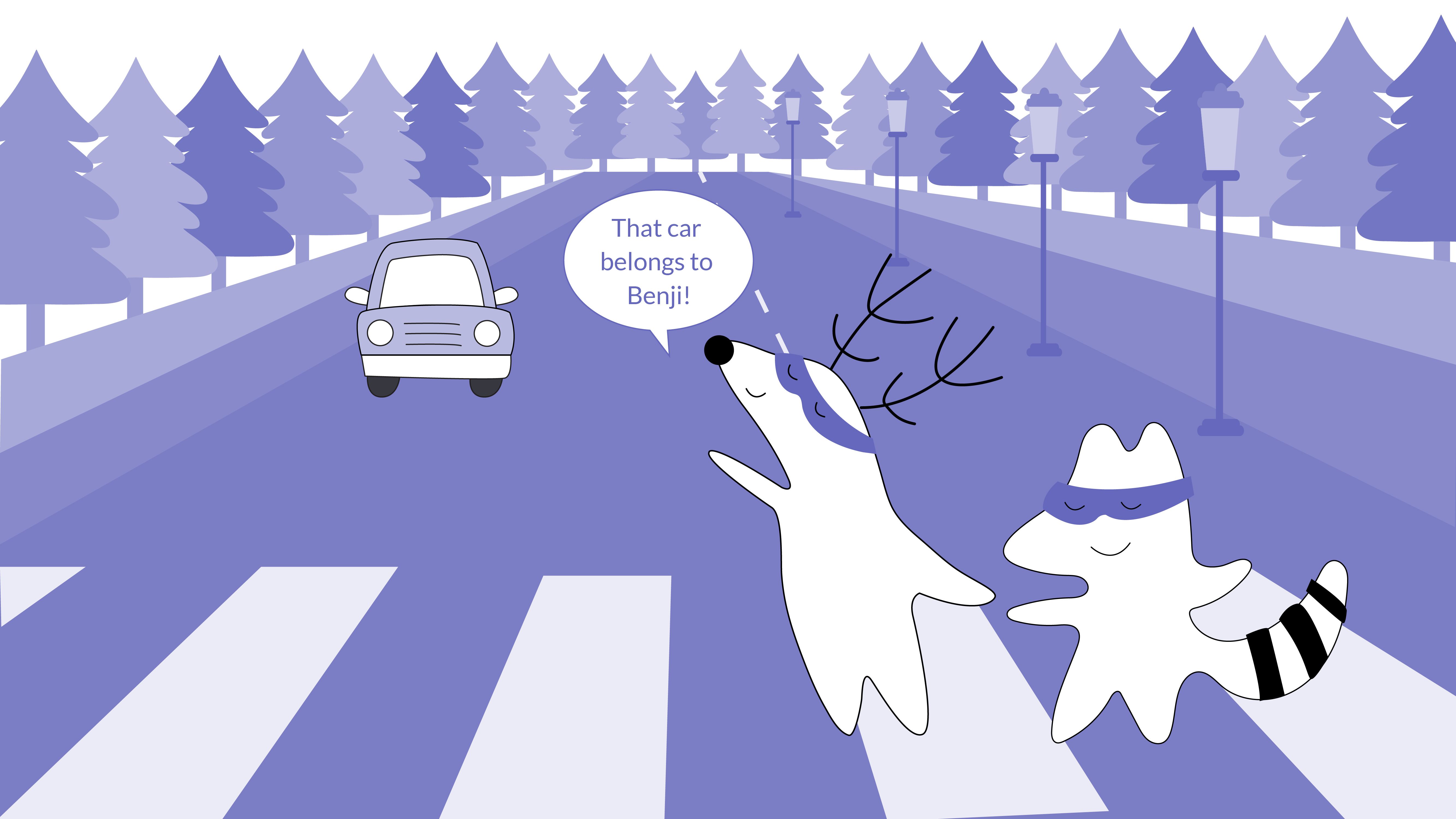 Iggy and Soren on the street, Iggy pointing at a car and saying “That car belongs to Benji”