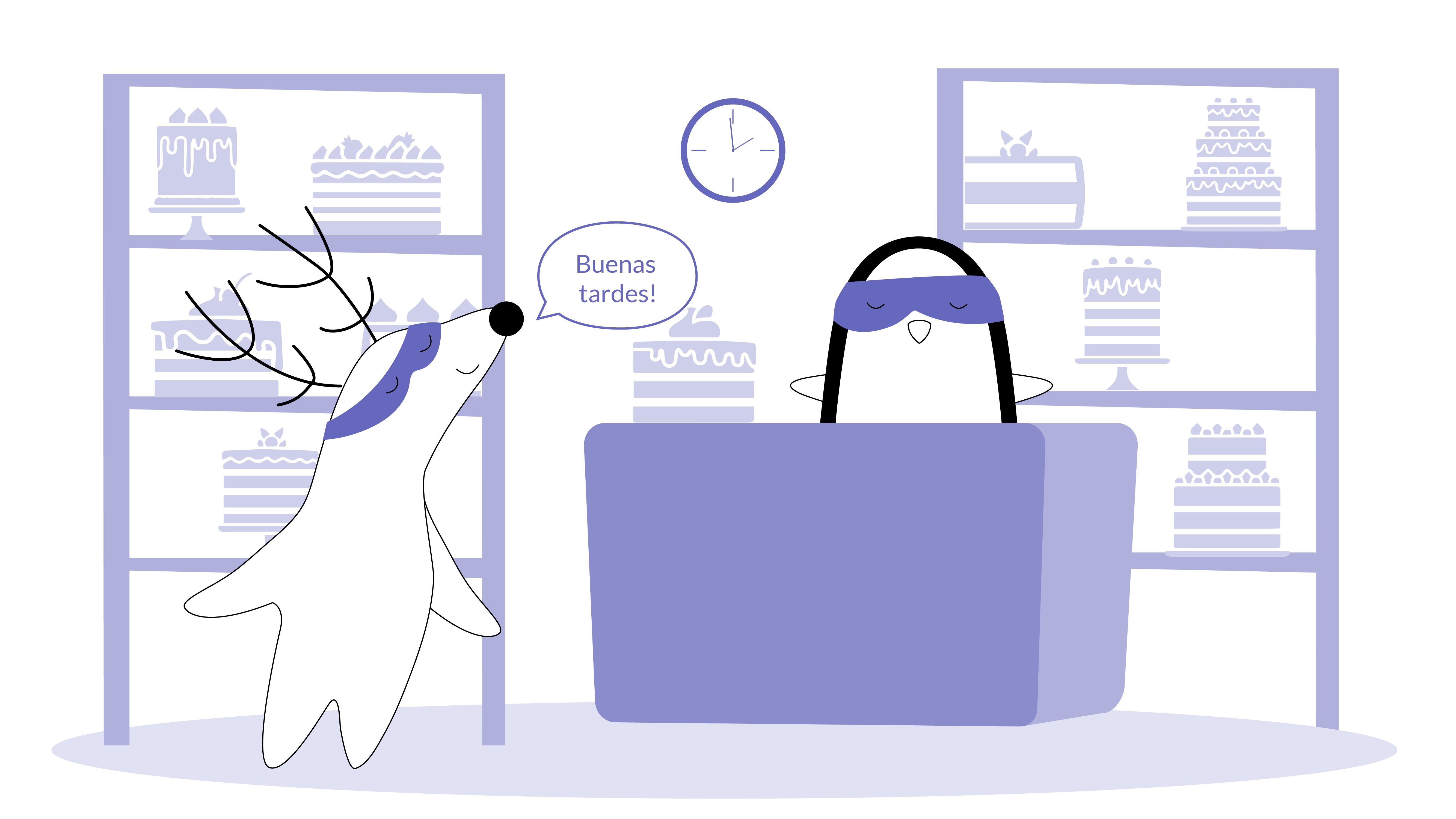 Soren enters a shop, the clock behind him showing it’s 14 o’clock. Soren says “Buenas tardes” to Pocky, the shop attendant.