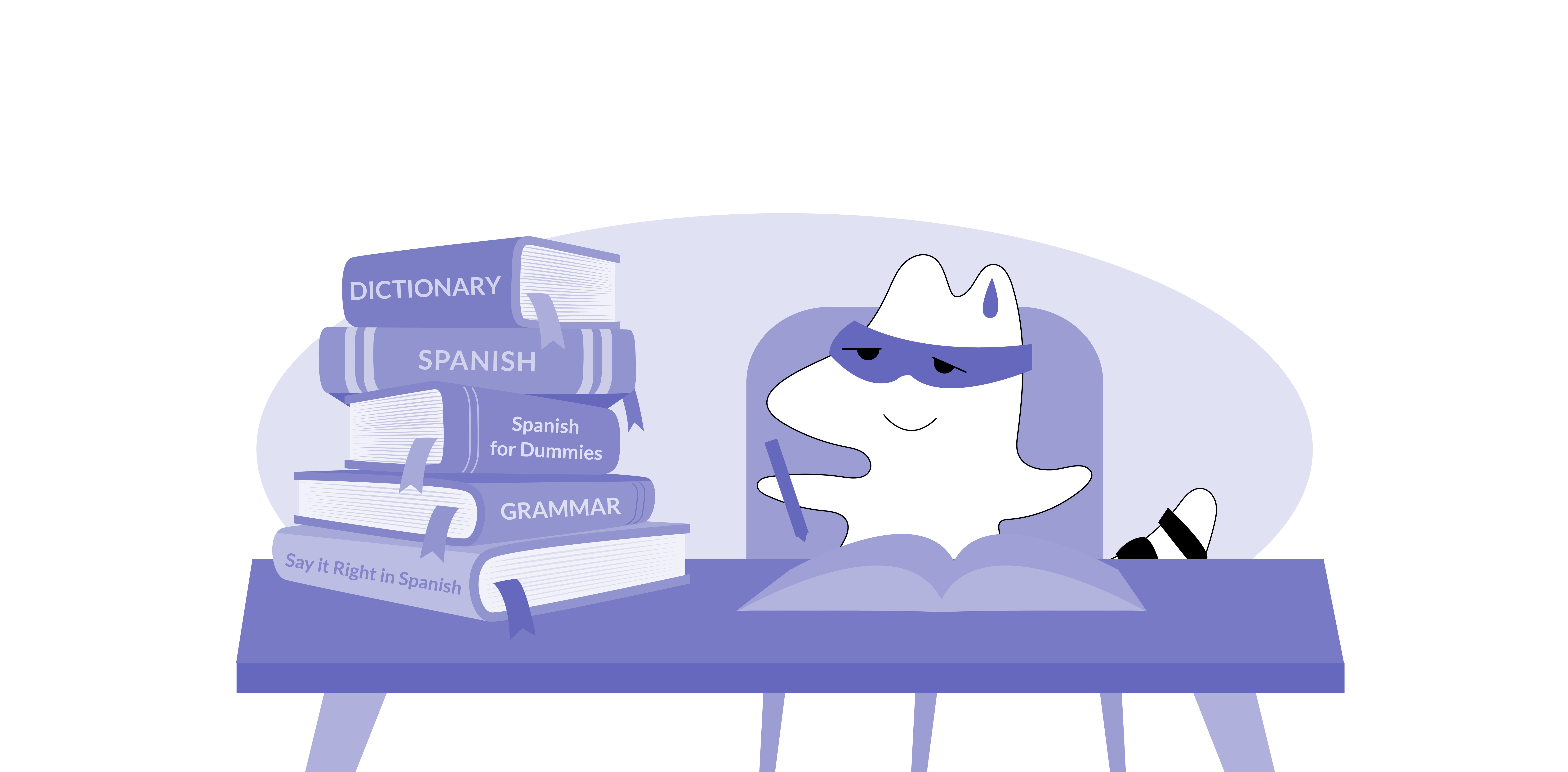 Soren sitting at a desk looking at a pile of books with titles like “Spanish for Dummies” or “Say it Right in Spanish”.