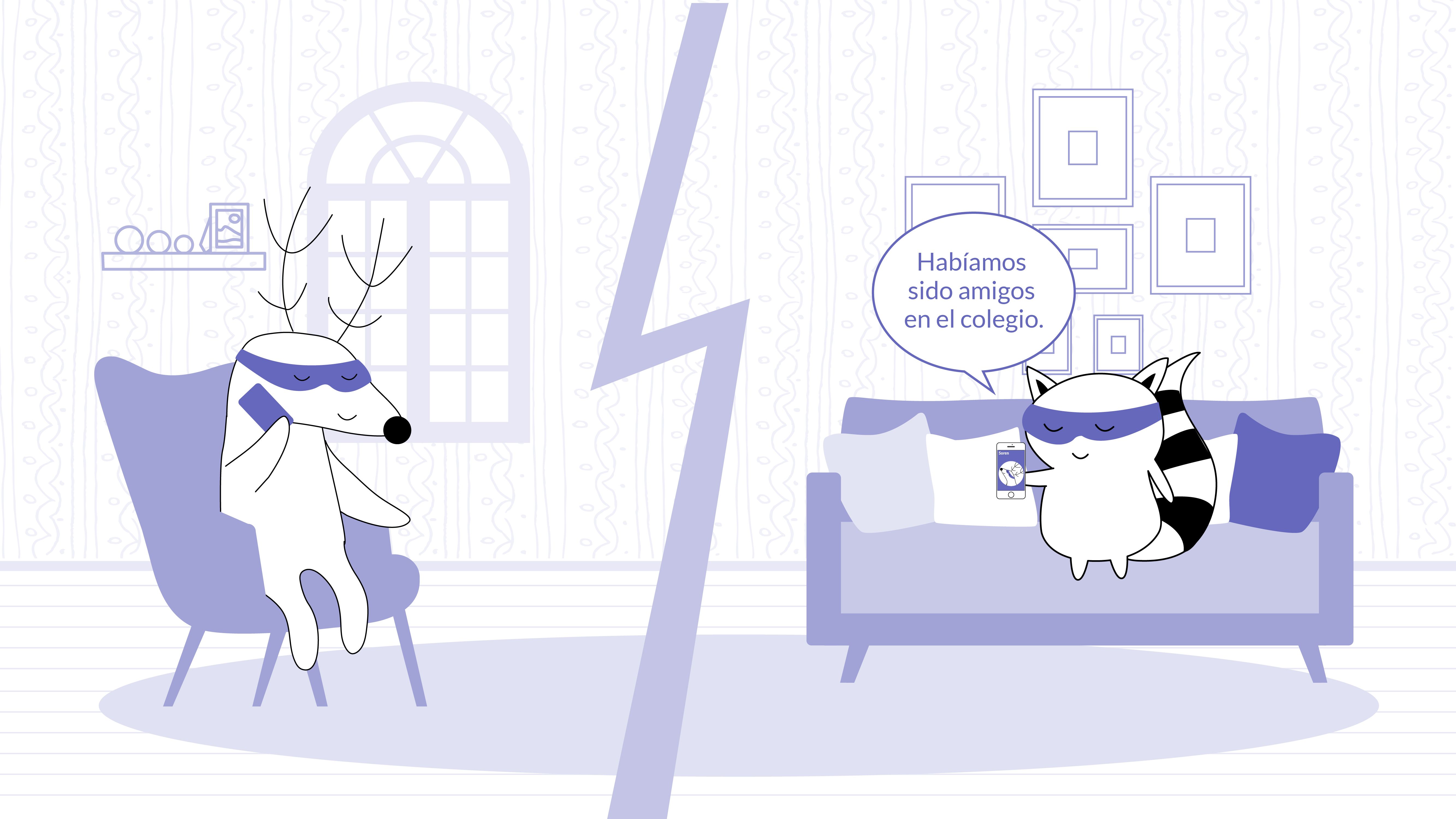 Soren and Benji are speaking on the phone, Benji saying “Habíamos sido amigos en el colegio.”