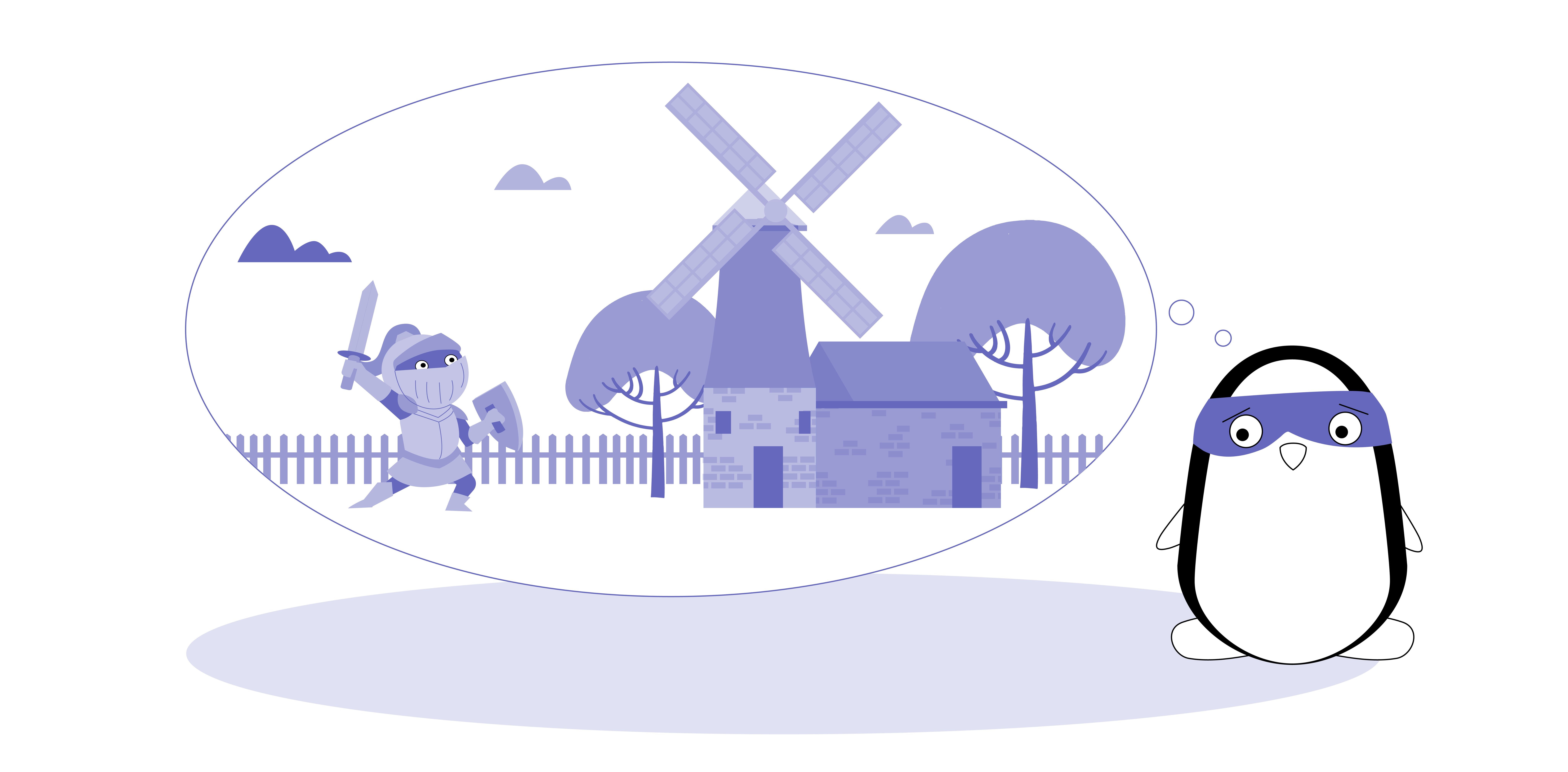 Pocky imagines himself dressed like a knight and fights windmills in his imagination.