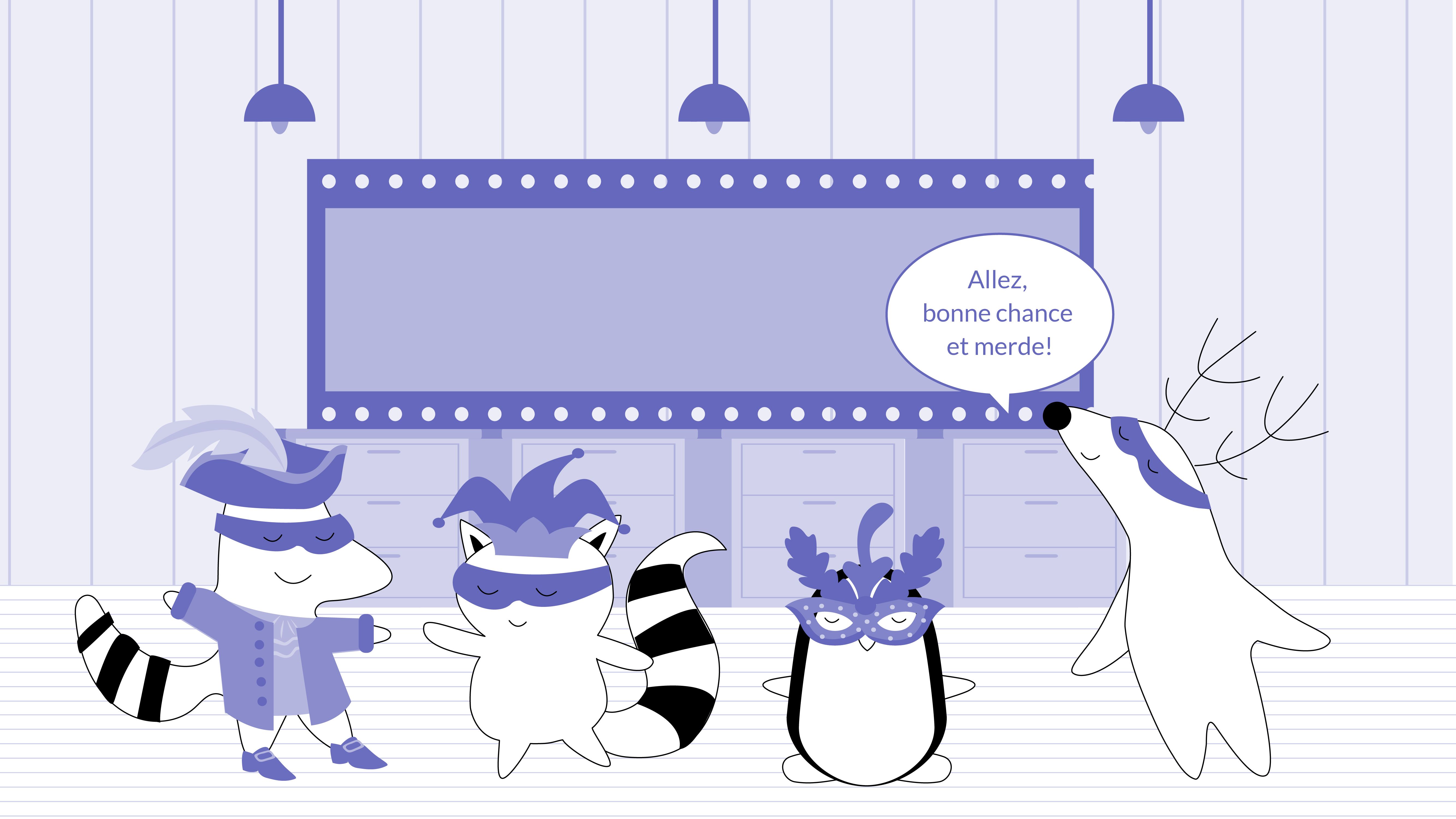 Pocky, Benji, and Soren are getting ready to go on the stage in theater clothes, Iggy wishes them good luck, saying, “Allez, bonne chance et merde!”