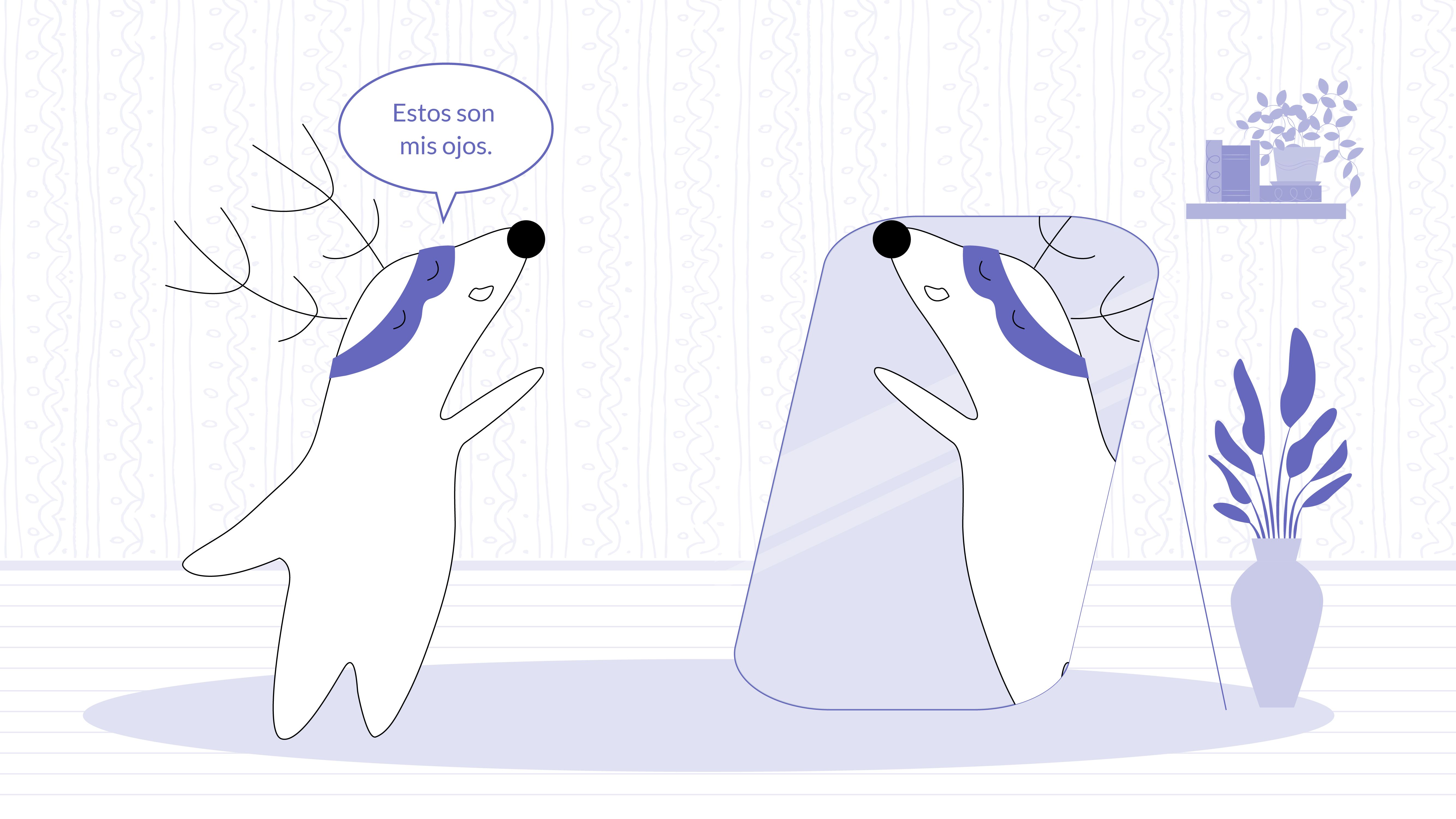 Soren sees himself in the mirror, pointing at his own eyes and saying, “Estos son mis ojos.”