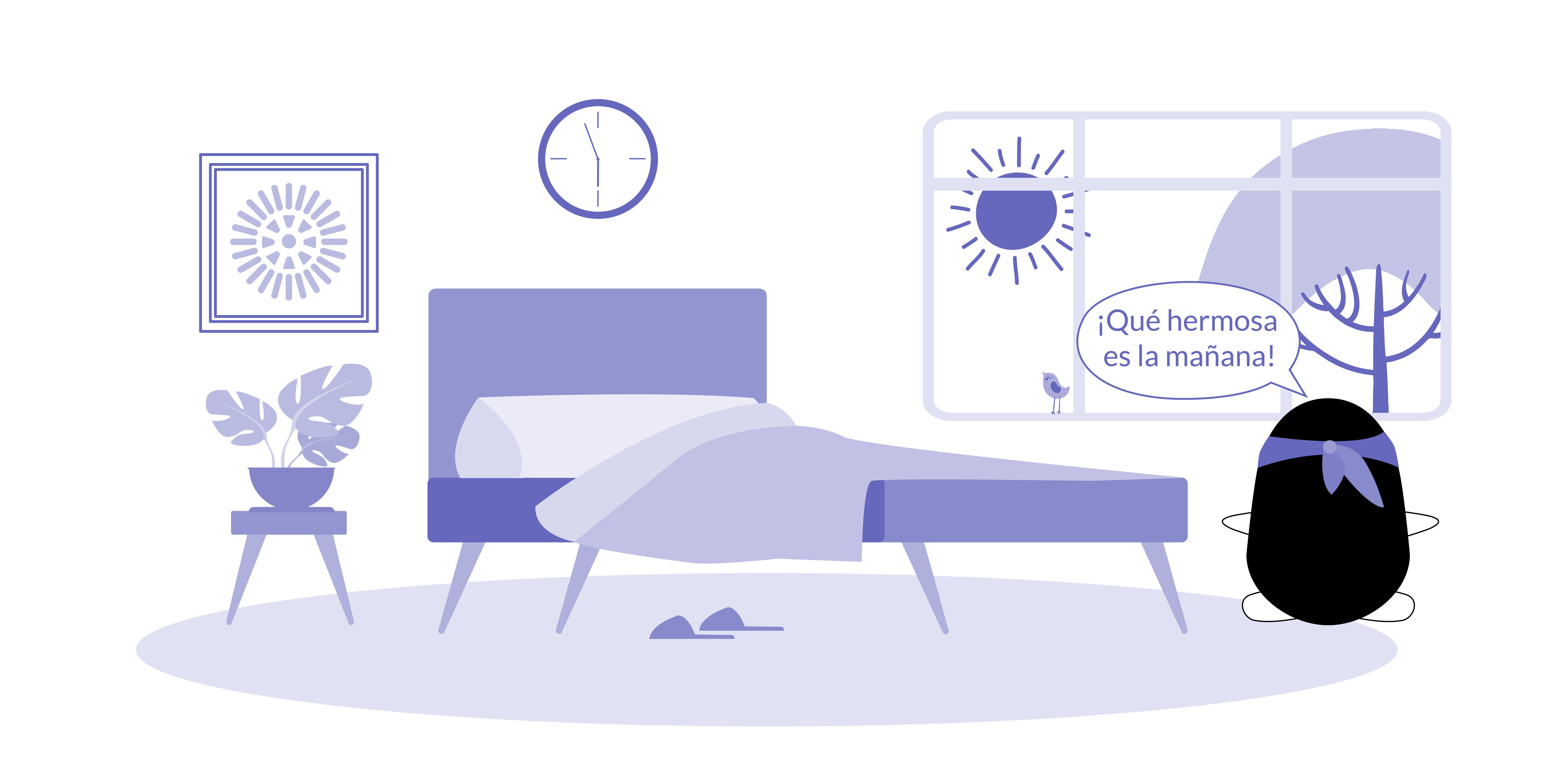 Pocky watches the sunrise from her window, thinking, “¡Qué hermosa es la mañana!”