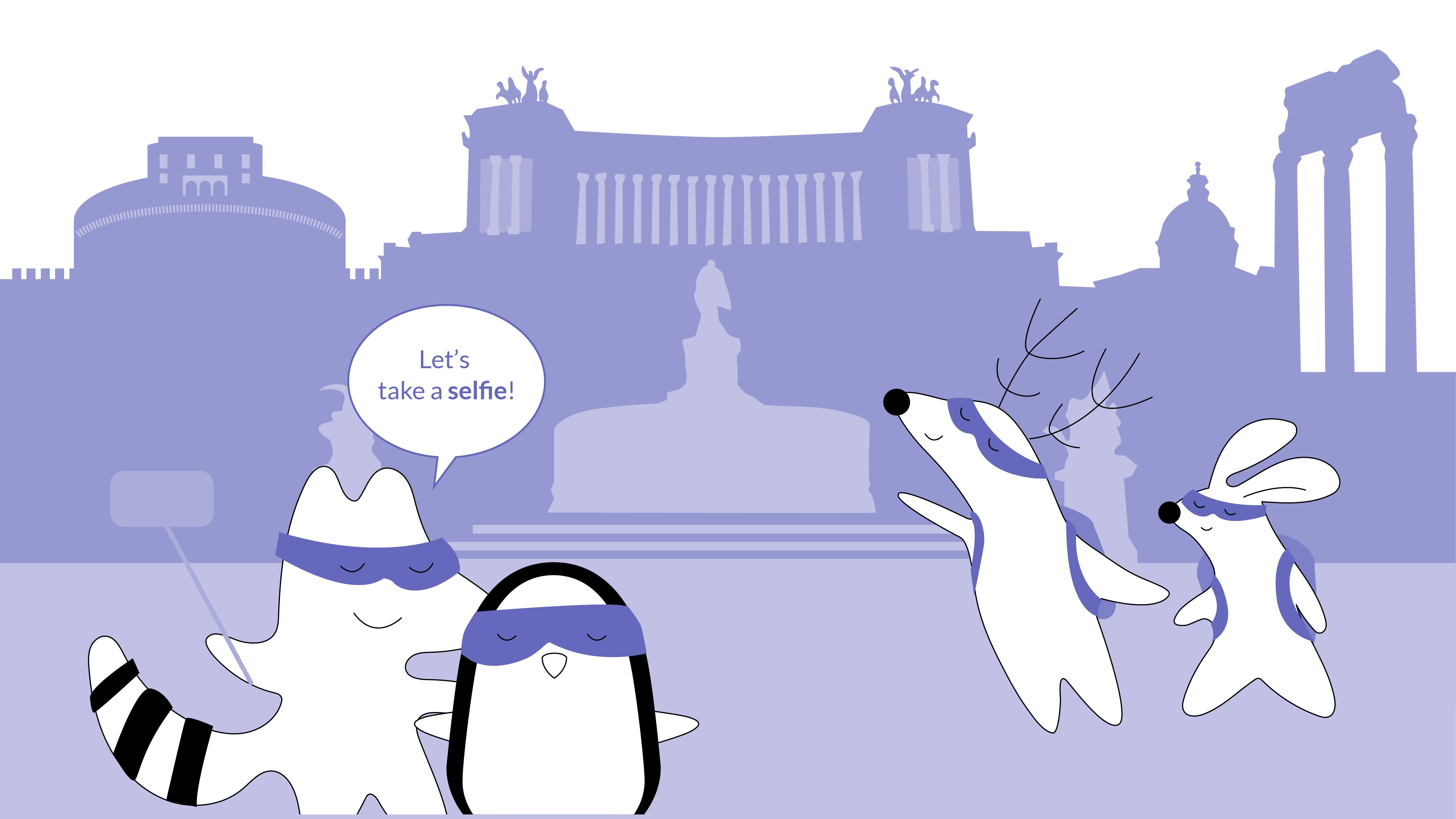 Iggy, Soren, Benji, and Pocky are standing in front of the famous fountain in Rome, taking a picture.