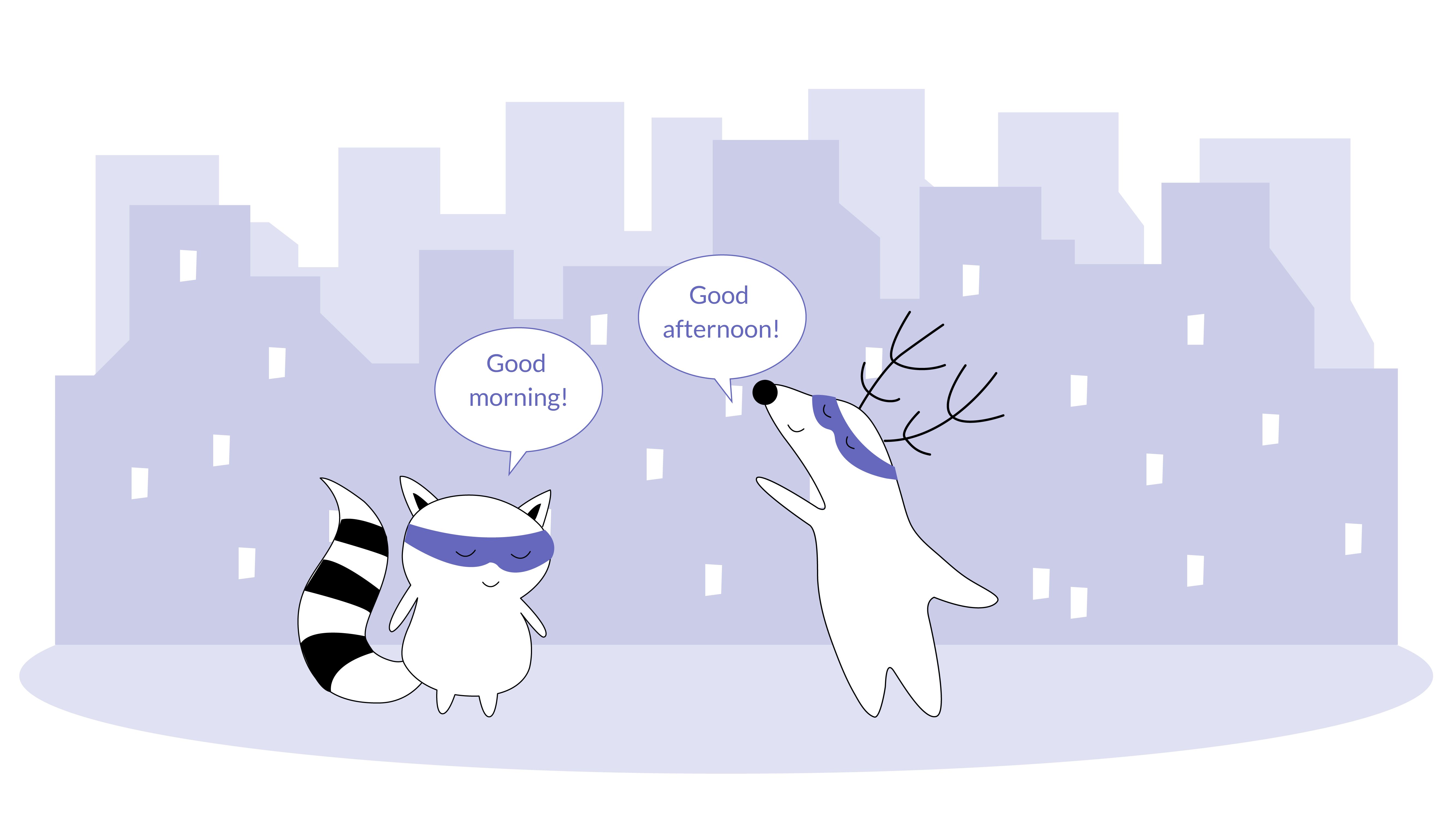 Benji and Soren on the street, one saying “Good morning” and the other saying “Good afternoon!”