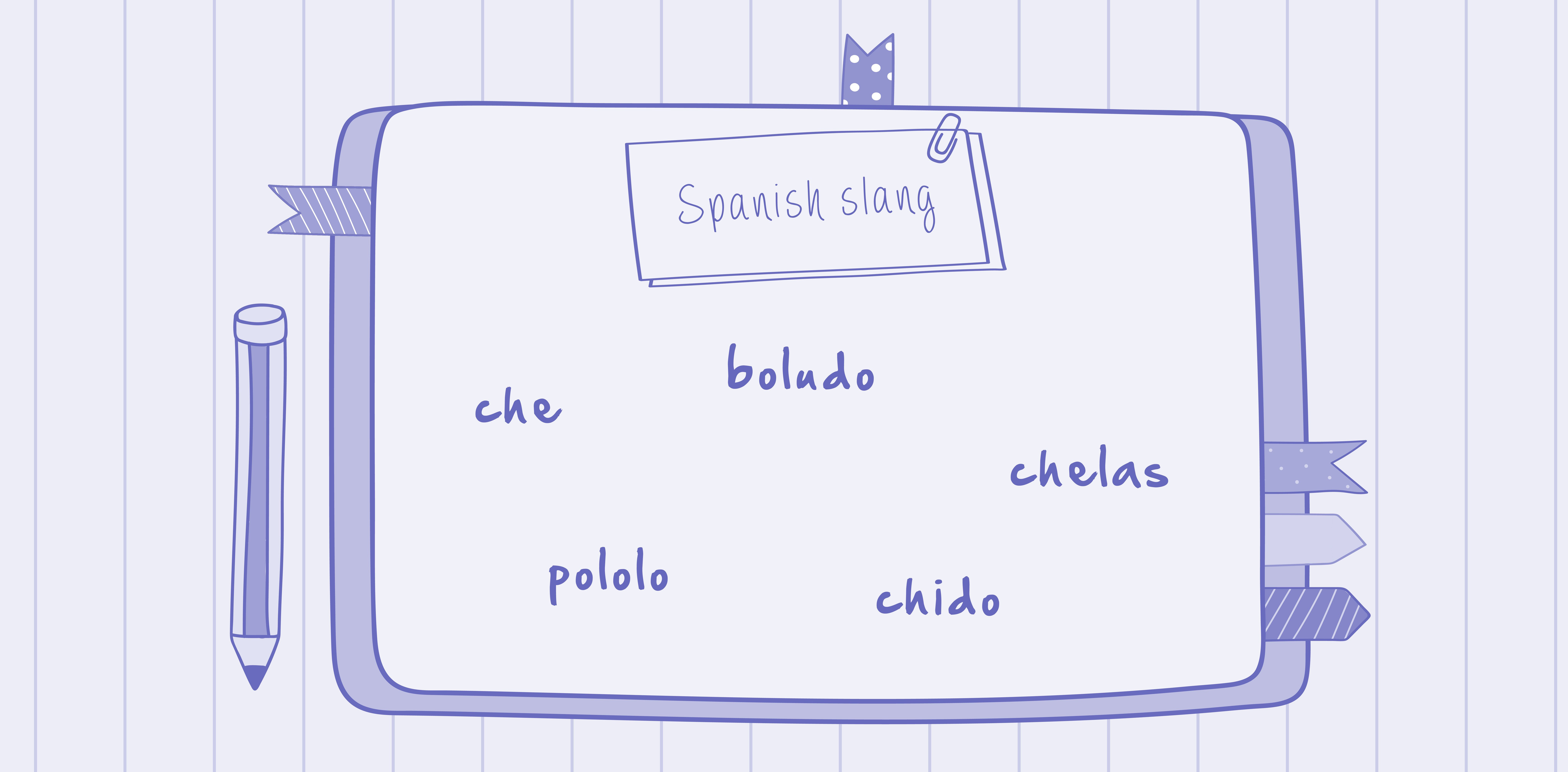 A drawing of a notebook page featuring different slang words like