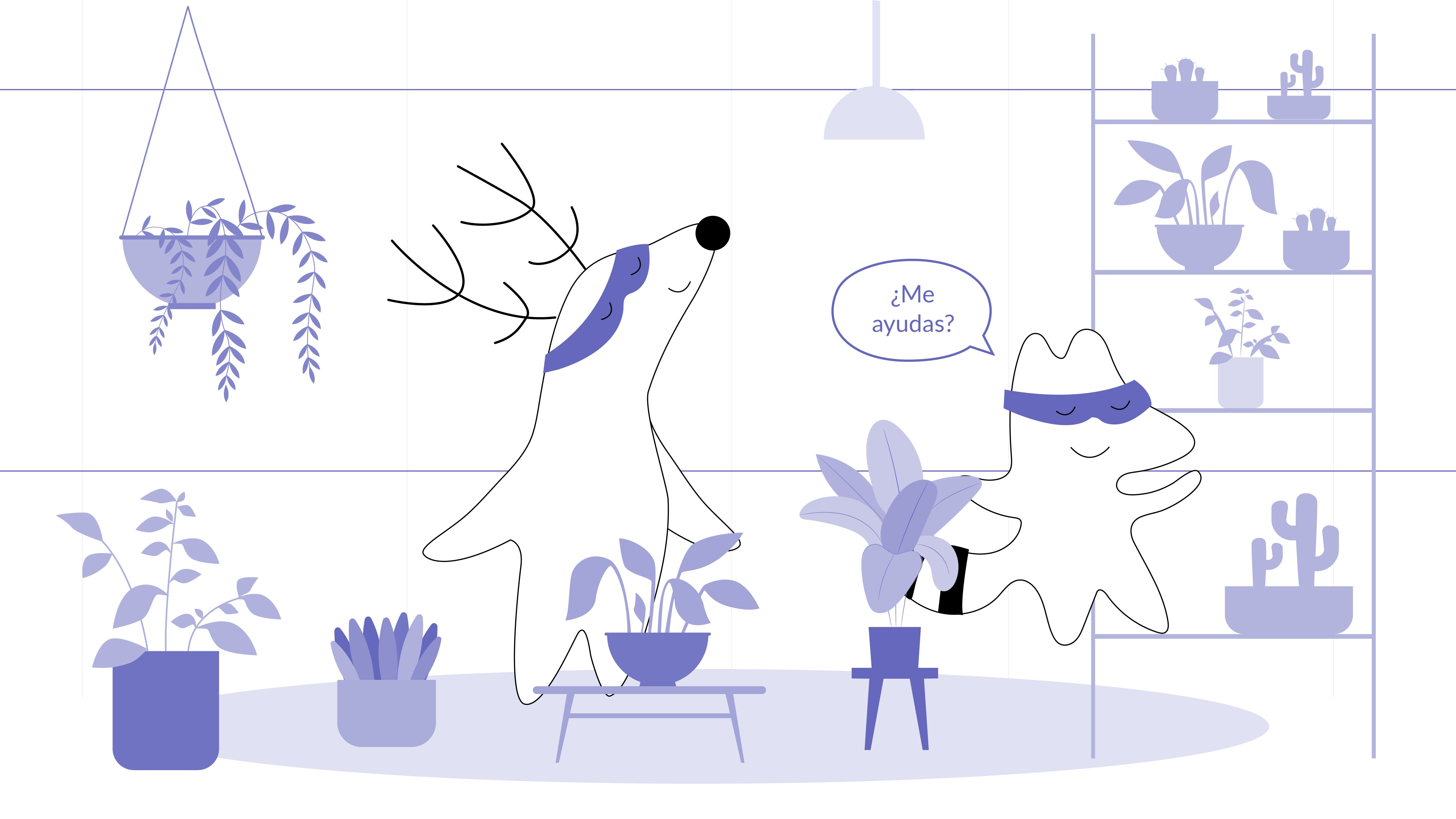 Iggy’s in a plant store, trying to grab a pot from a very high shelf but she cannot reach it. She asks Soren, who’s shopping near her, “¿Me ayudas?”