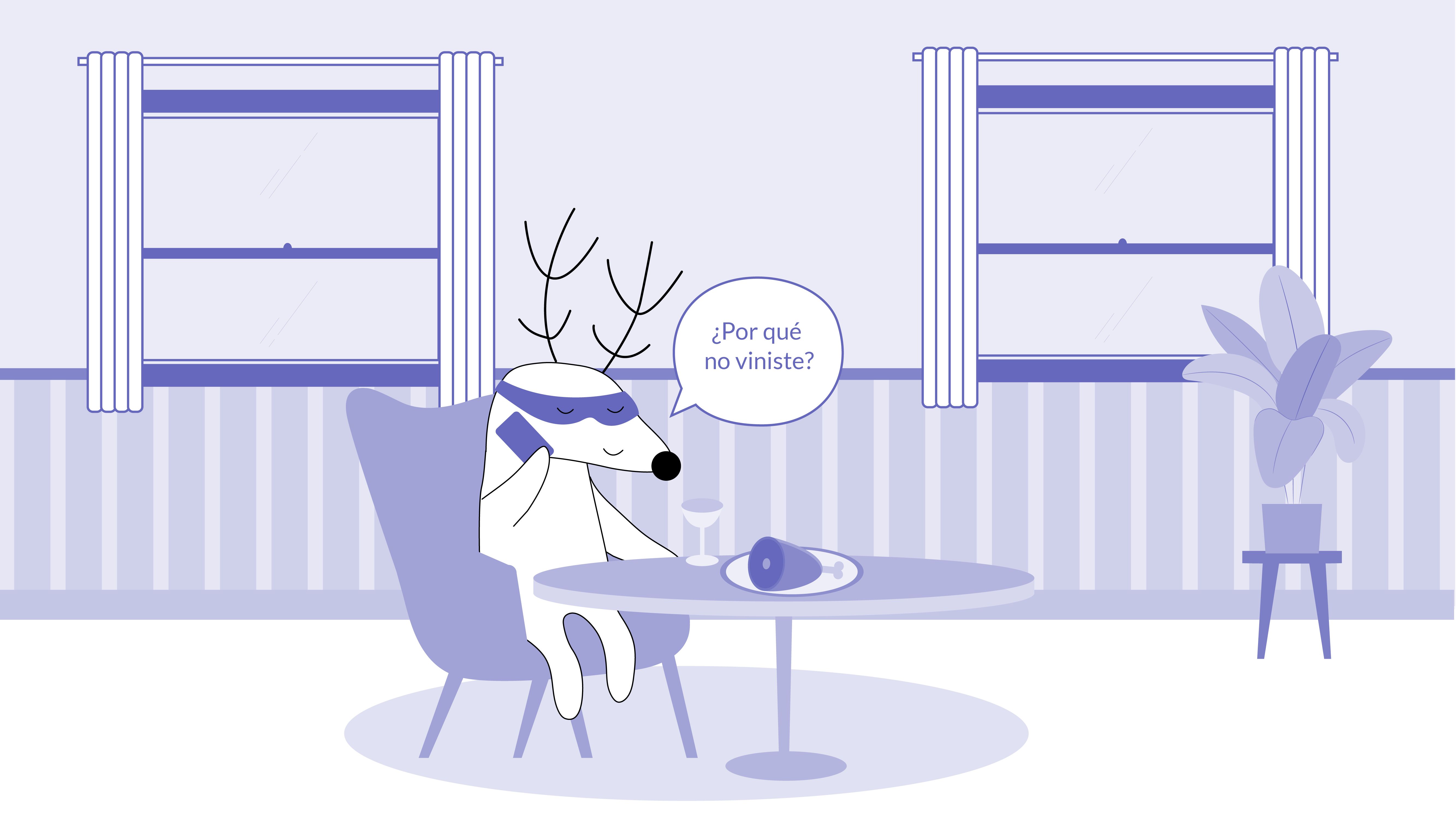 Soren is at the restaurant, eating alone and speaking on the phone, asking, “¿Por qué no viniste?”