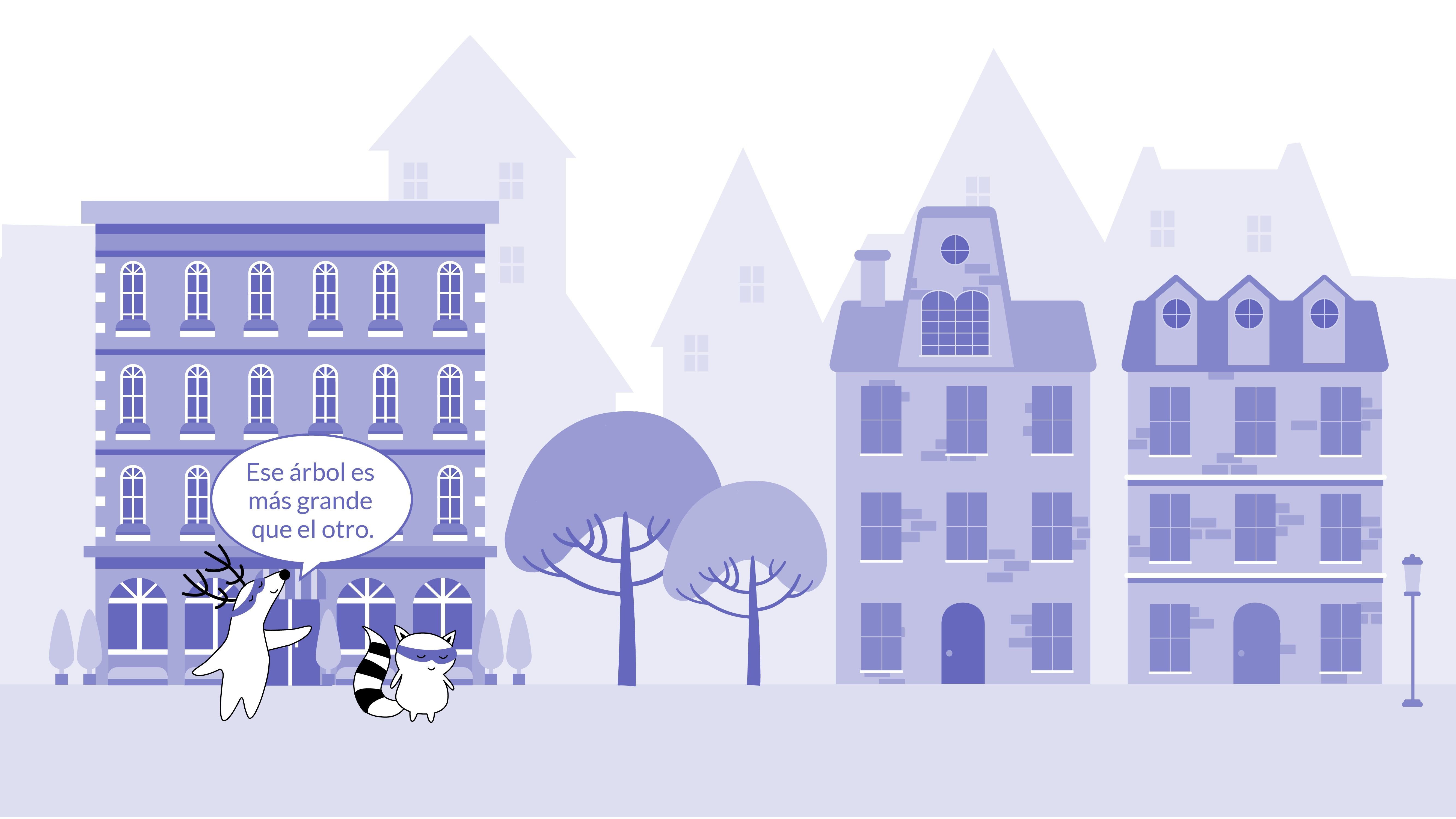 The same scene as the first one, now Pocky is the one that points at two trees (one is smaller than the other) and says, “Ese árbol es más grande que el otro.”