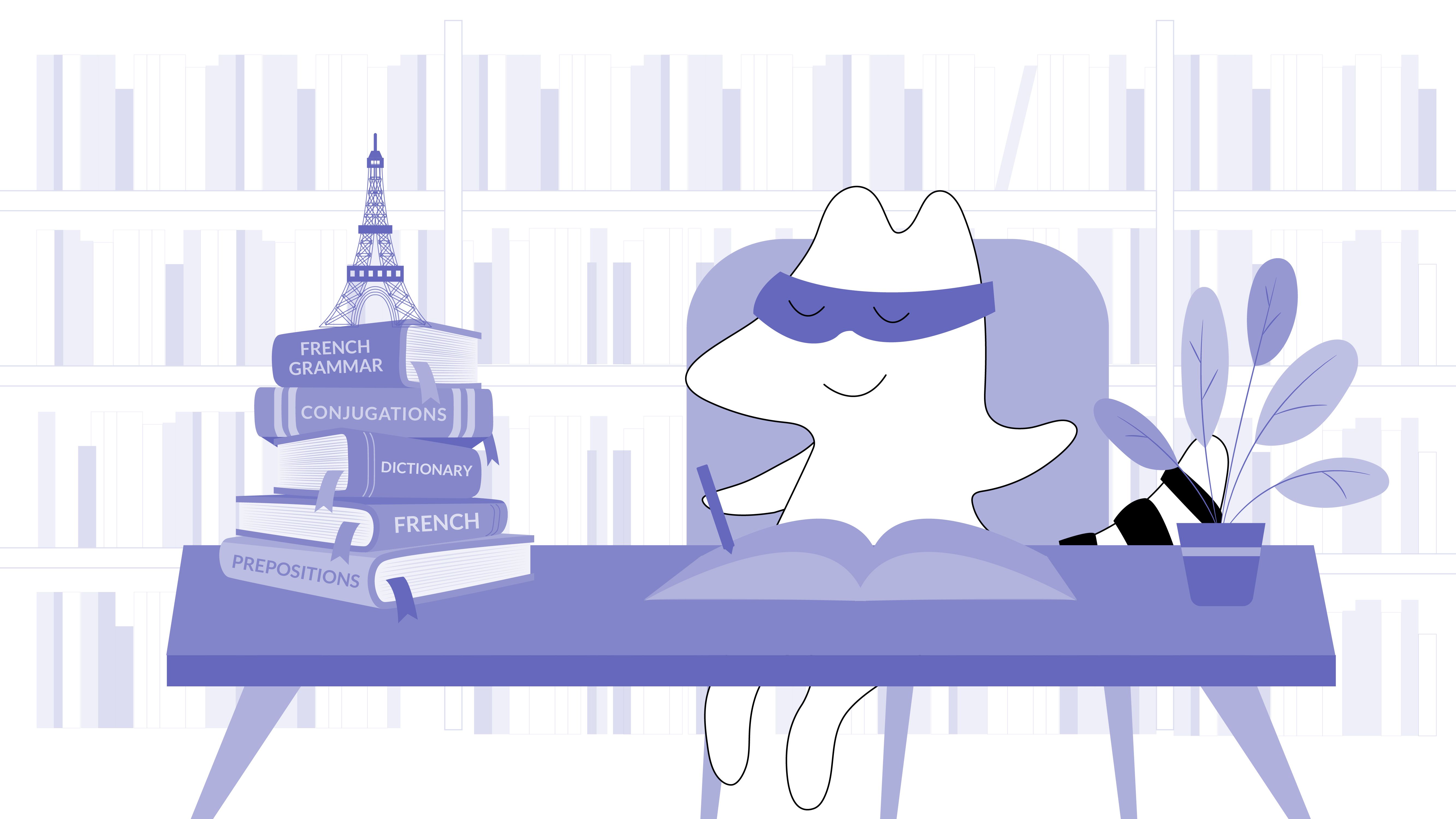 Pocky studies French grammar in a picturesque French library, surrounded by books and immersed in the language learning process.