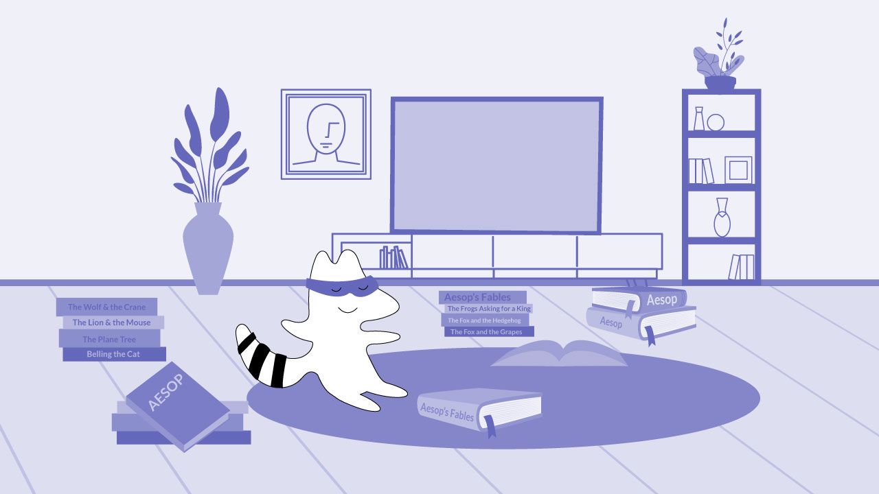 Iggy sits on the floor, reading a story, with many books around her, all of them are Aesop’s Fables.