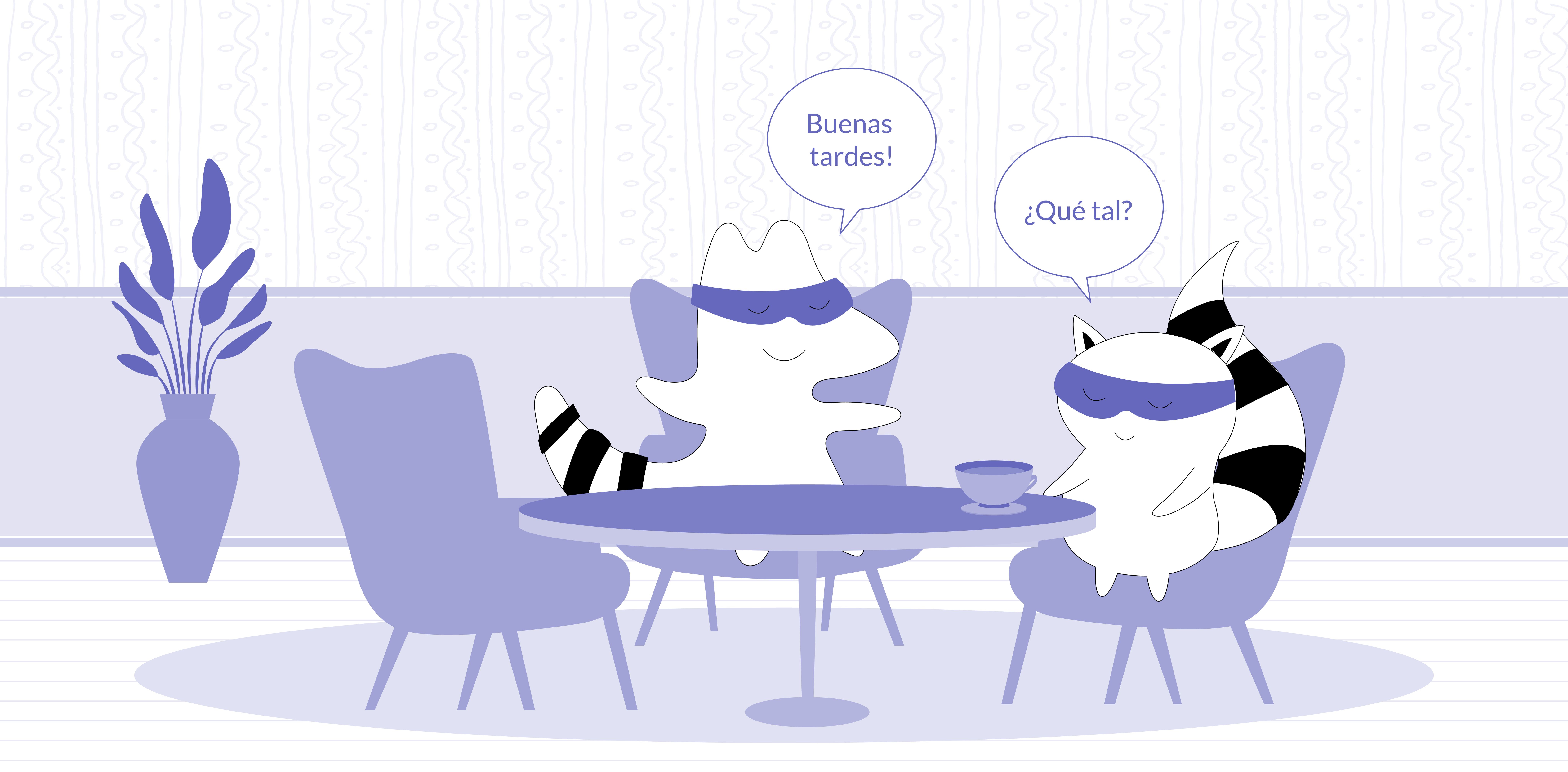 Iggy and Soren sitting at a restaurant, Iggy says “buenas tardes” and Soren says “¿qué tal?”