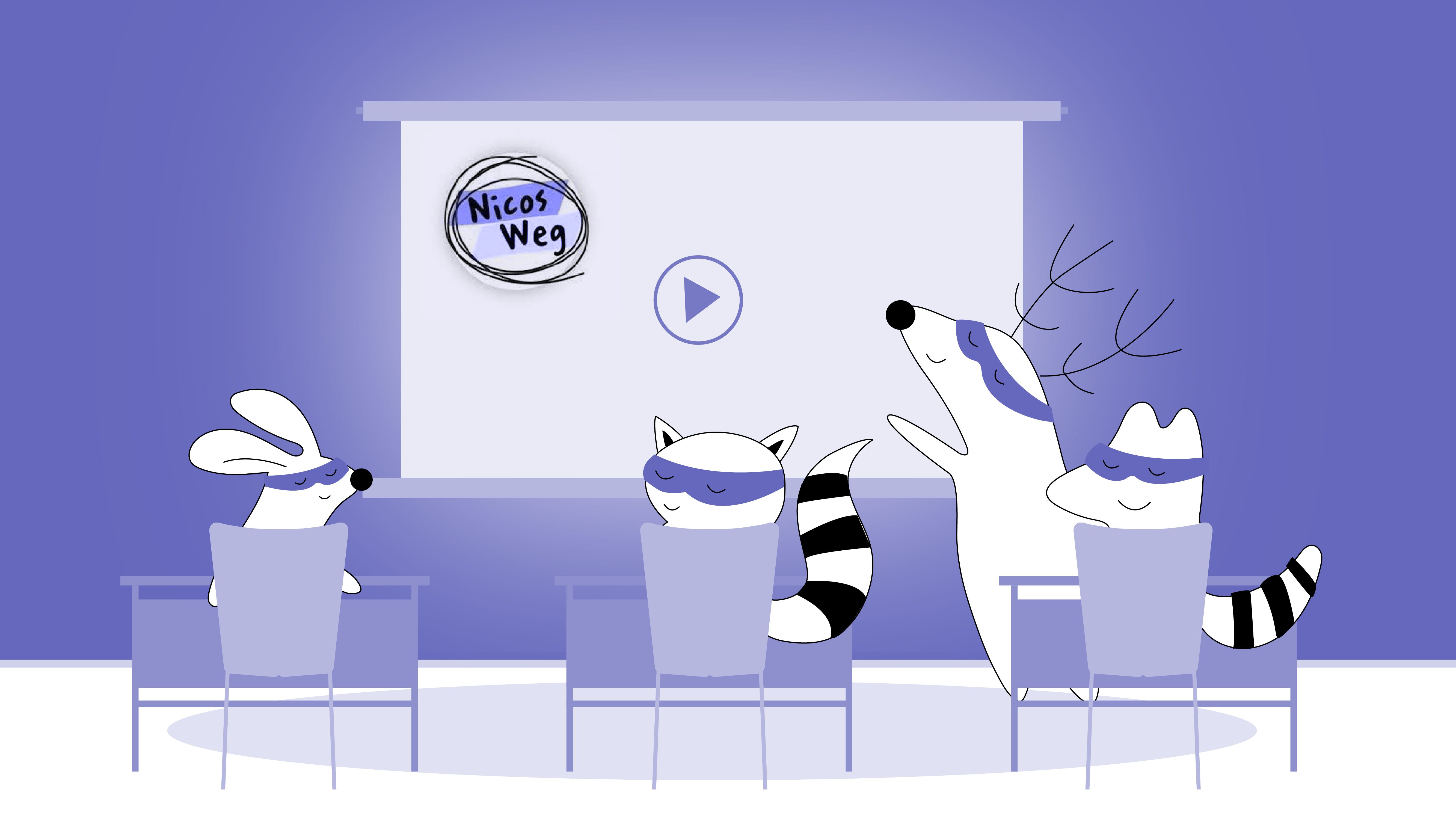 Benji, as a teacher, shows Nicos Weg’s video lesson to others — they are all in the classroom.