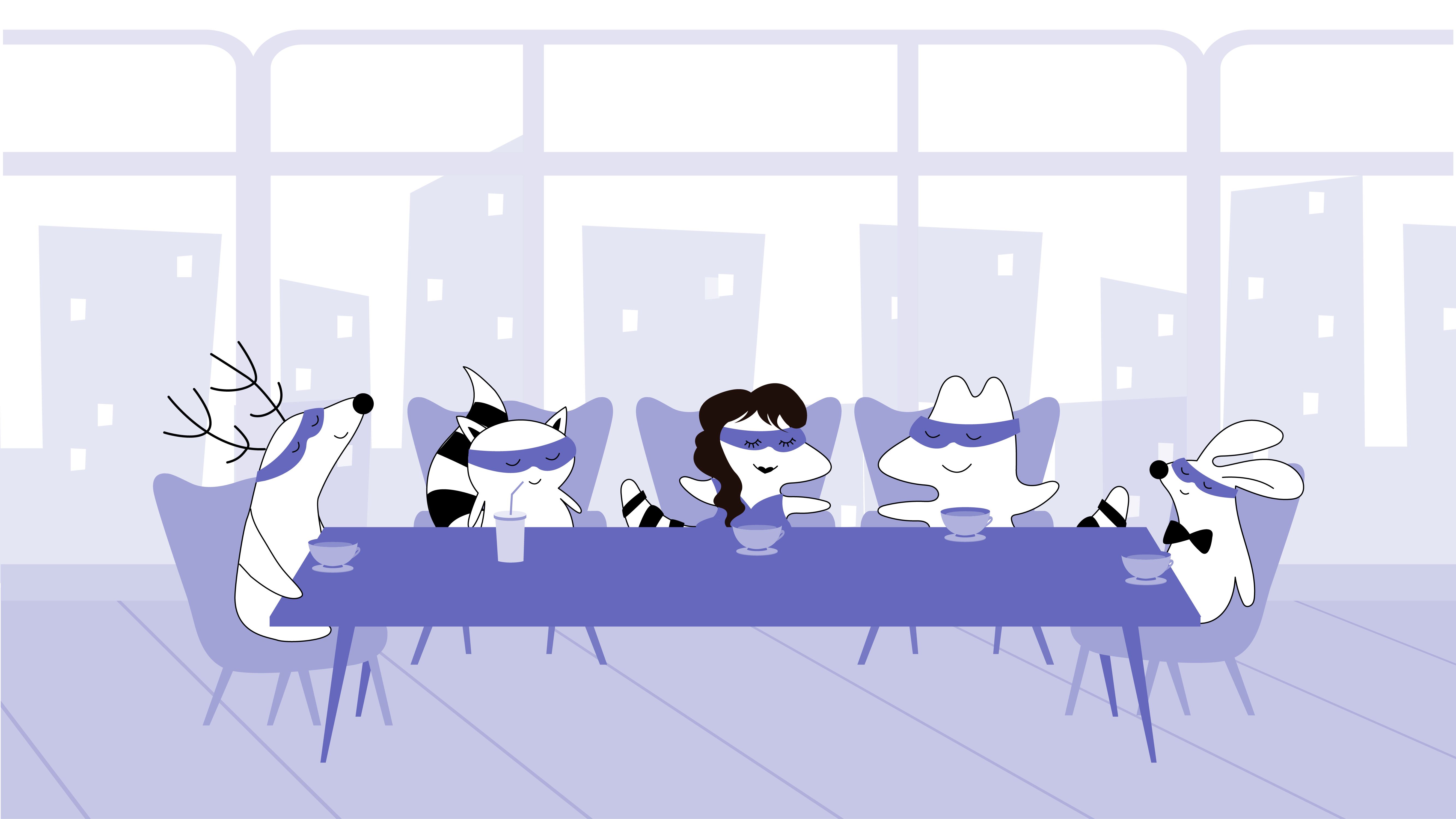 : A company of several people in a coffee shop, drinking coffee and discussing something.